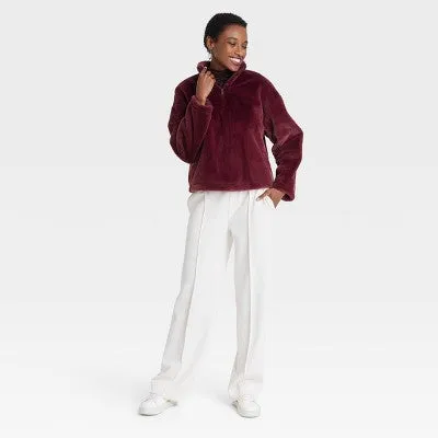 New - Women's Faux Fur Quarter Zip Sweatshirt - A New Day Burgundy XS