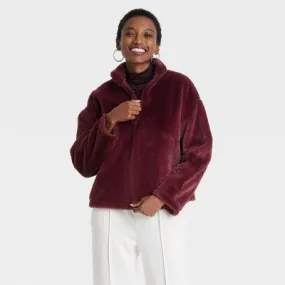 New - Women's Faux Fur Quarter Zip Sweatshirt - A New Day Burgundy XS