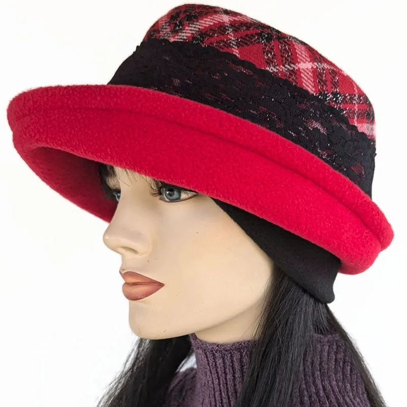 Niagara Fashion Bucket Hat, bucket style with deep adjustable brim and earflap cuff, red sparkly