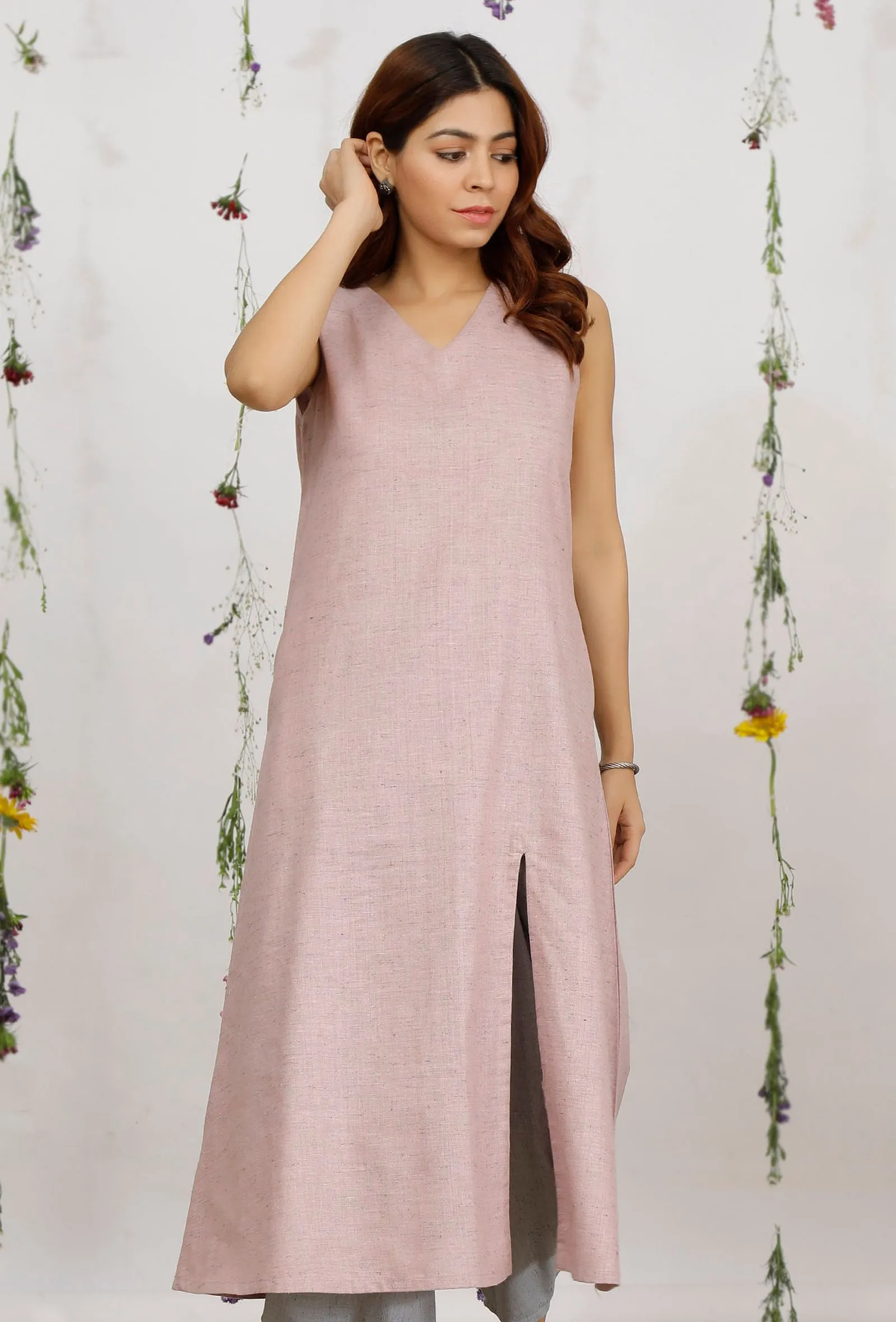 Orchid Pink A Line Cotton Khadi Kurta