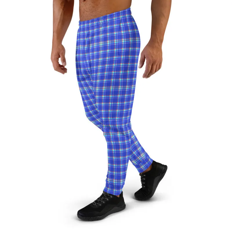 Pastel Blue Plaid Men's Joggers, Tartan Print Classic Designer Best Sweatpants-Made in EU