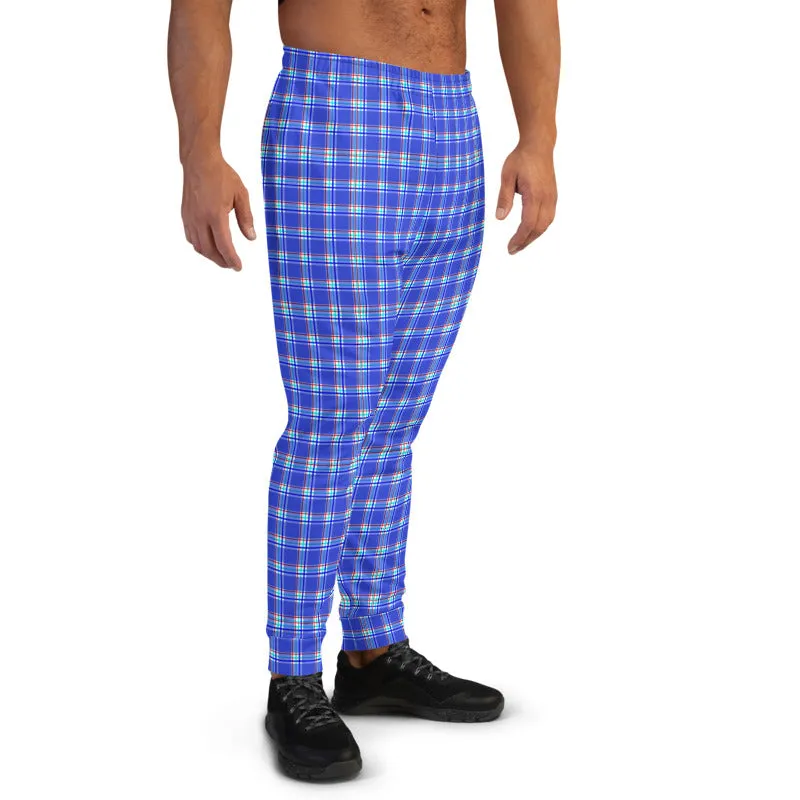 Pastel Blue Plaid Men's Joggers, Tartan Print Classic Designer Best Sweatpants-Made in EU