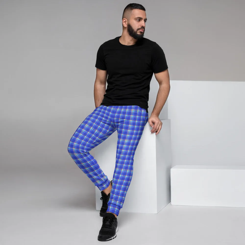 Pastel Blue Plaid Men's Joggers, Tartan Print Classic Designer Best Sweatpants-Made in EU