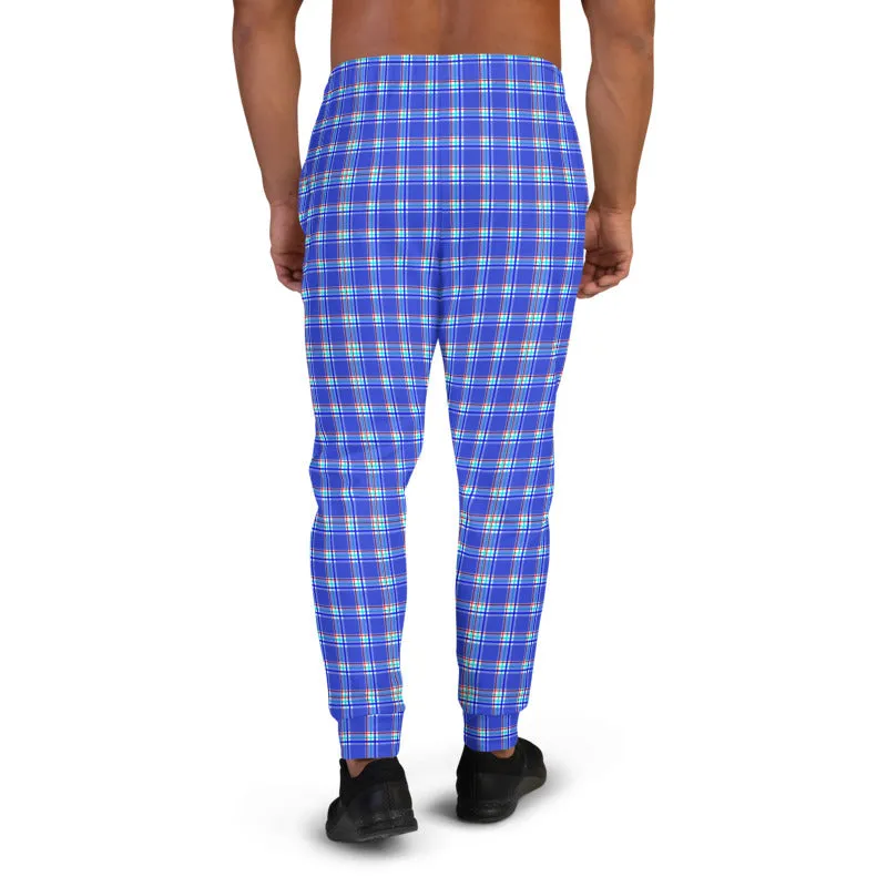 Pastel Blue Plaid Men's Joggers, Tartan Print Classic Designer Best Sweatpants-Made in EU