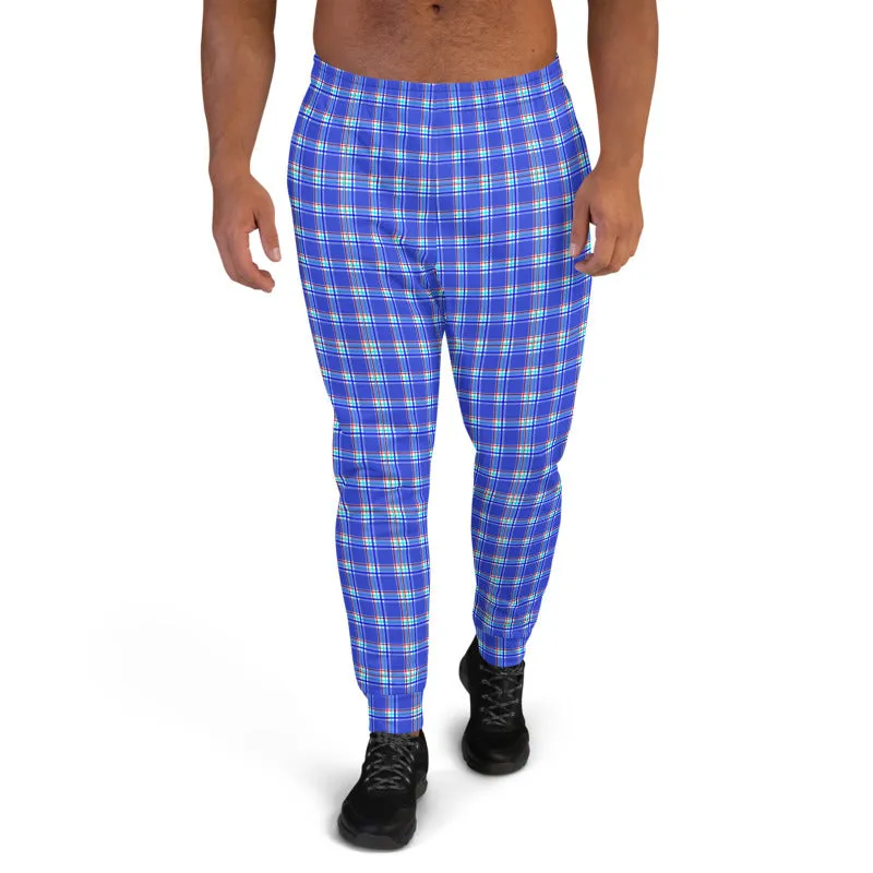 Pastel Blue Plaid Men's Joggers, Tartan Print Classic Designer Best Sweatpants-Made in EU