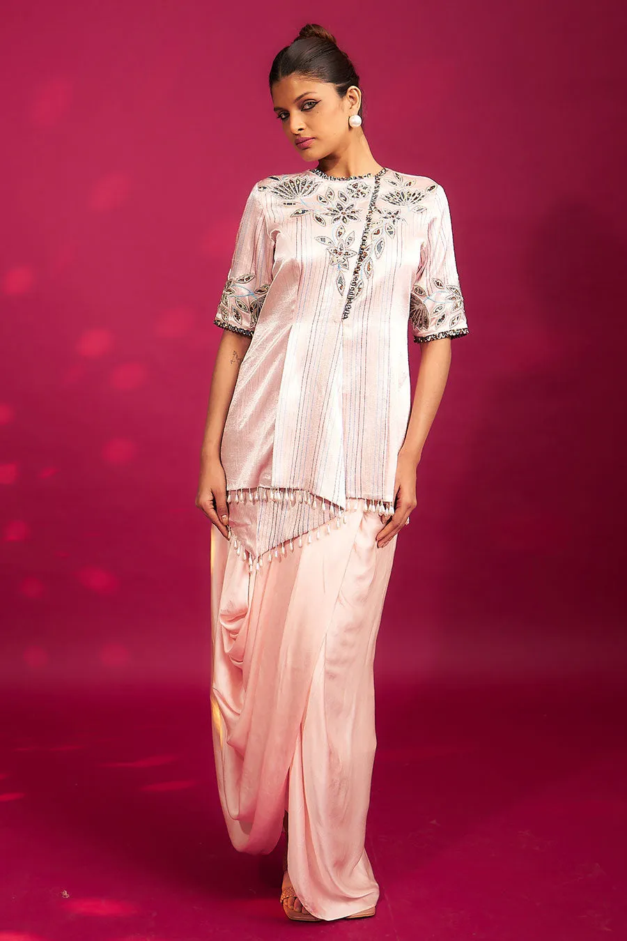 Pink Ajrakh Patchwork Tunic & Dhoti Skirt Set