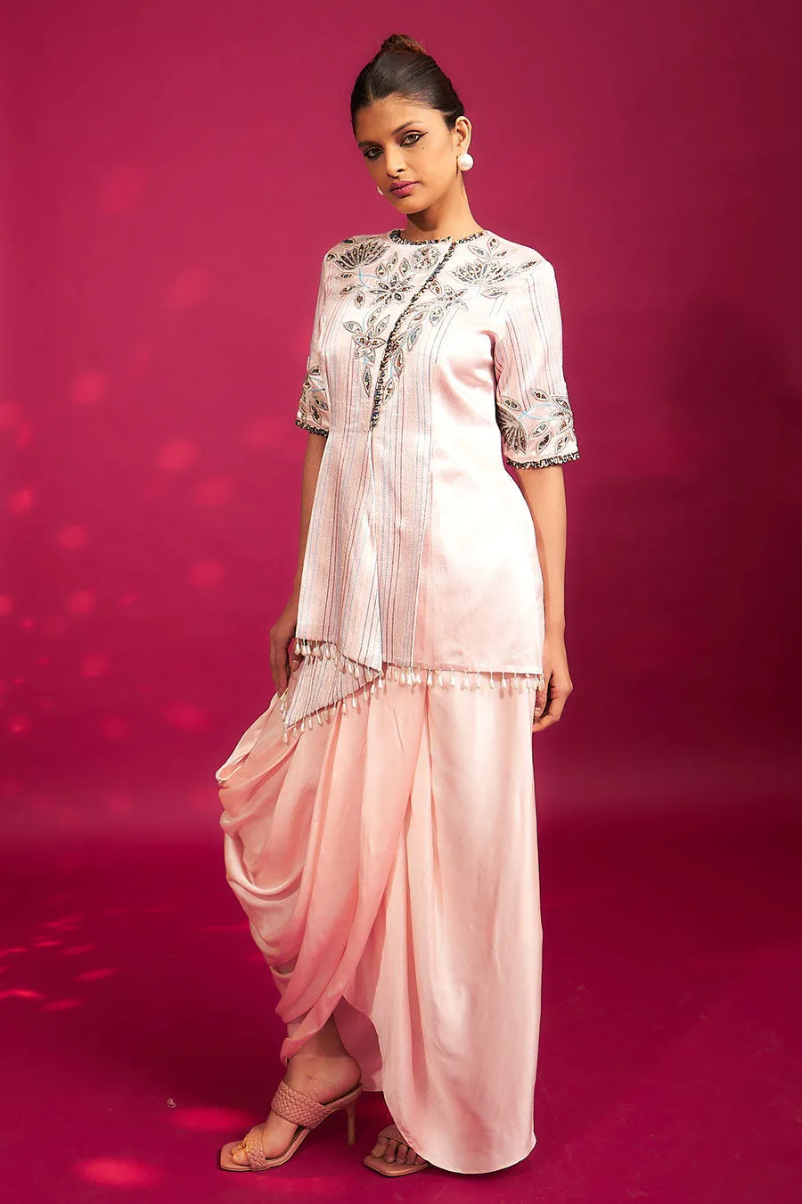 Pink Ajrakh Patchwork Tunic & Dhoti Skirt Set