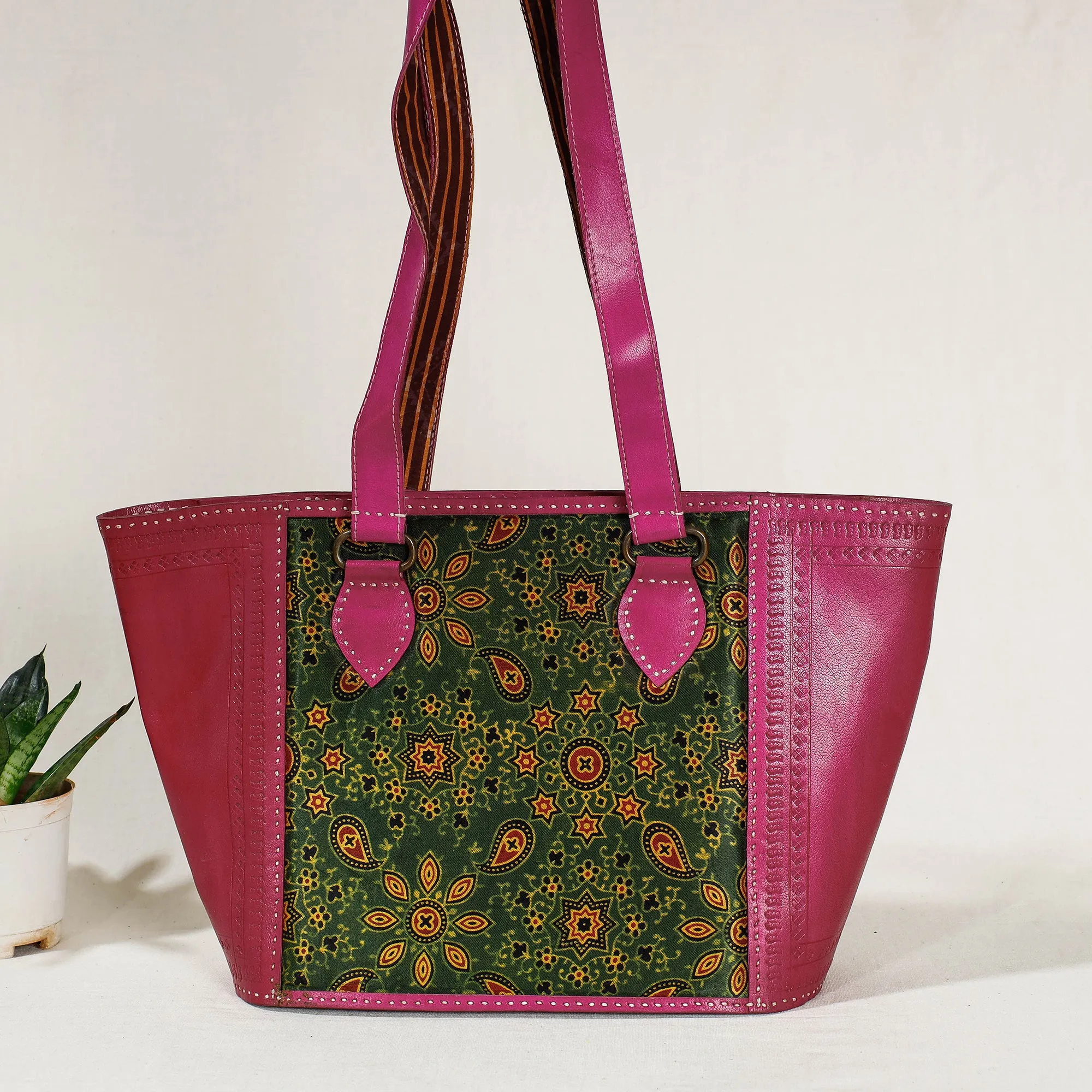 Pink - Handcrafted Mashru Silk Leather Shoulder Bag