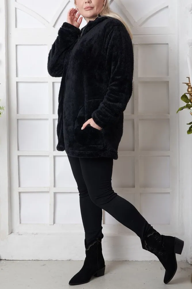 Plain Faux Fur Zip Up Hooded Jacket