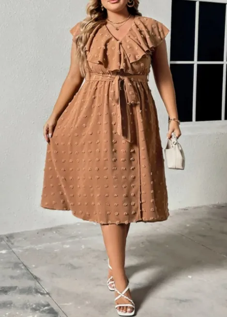 Plus Size Swiss Dot V-Neck Ruched Tie Midi Dress