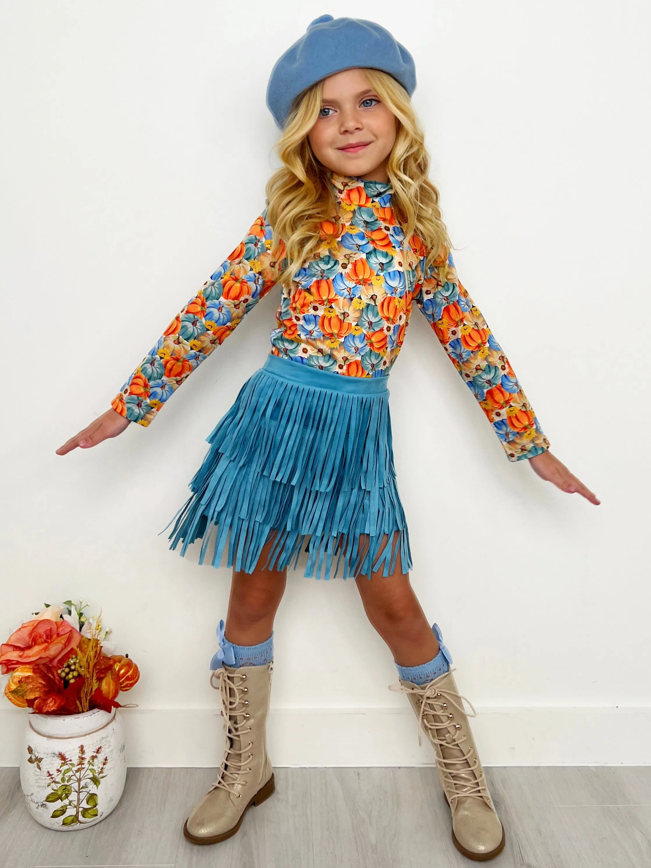 Pumpkin Patch Turtleneck Top and Fringe Skort Set