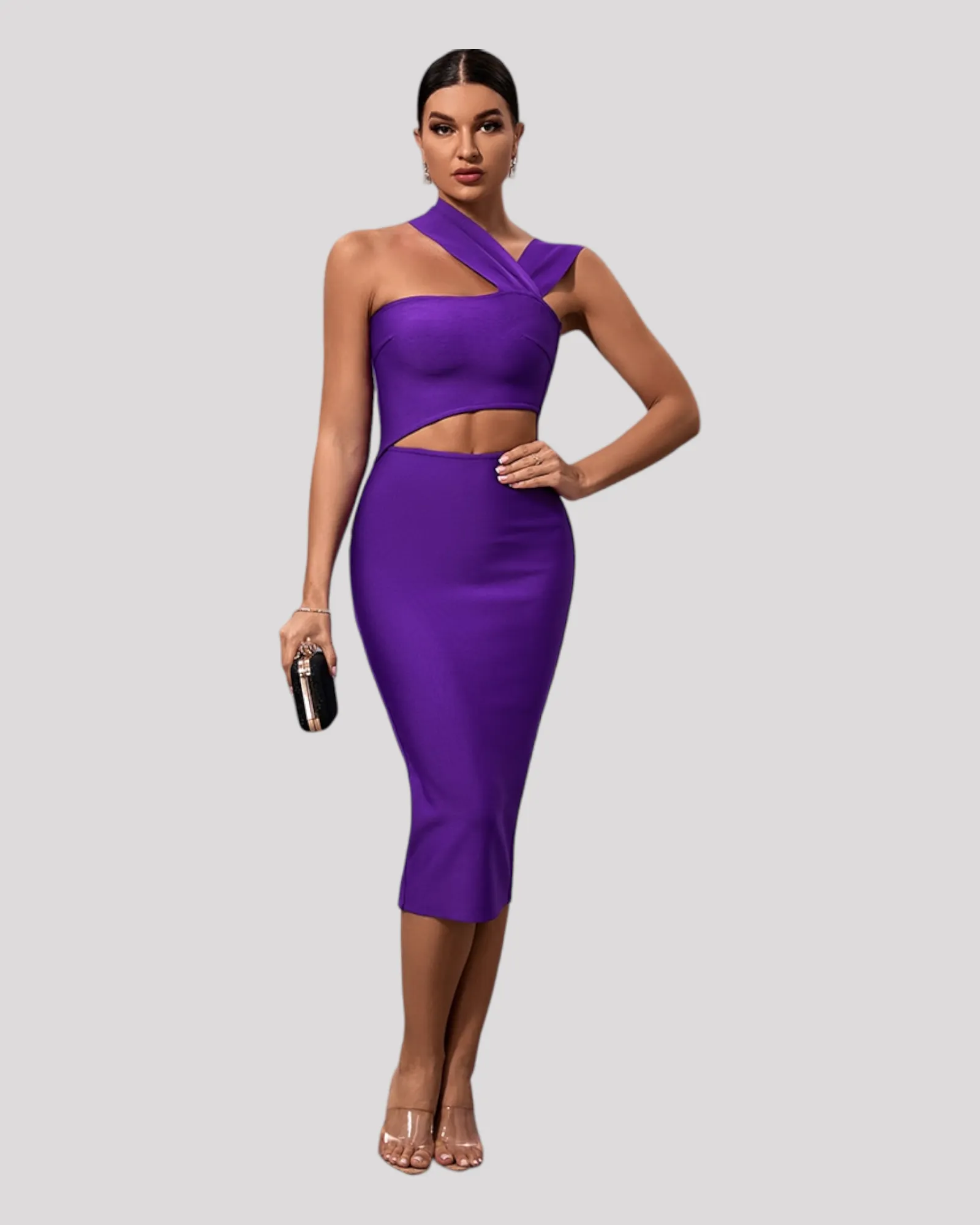 Purple Fitted Cocktail Dress with Waist Cut Out