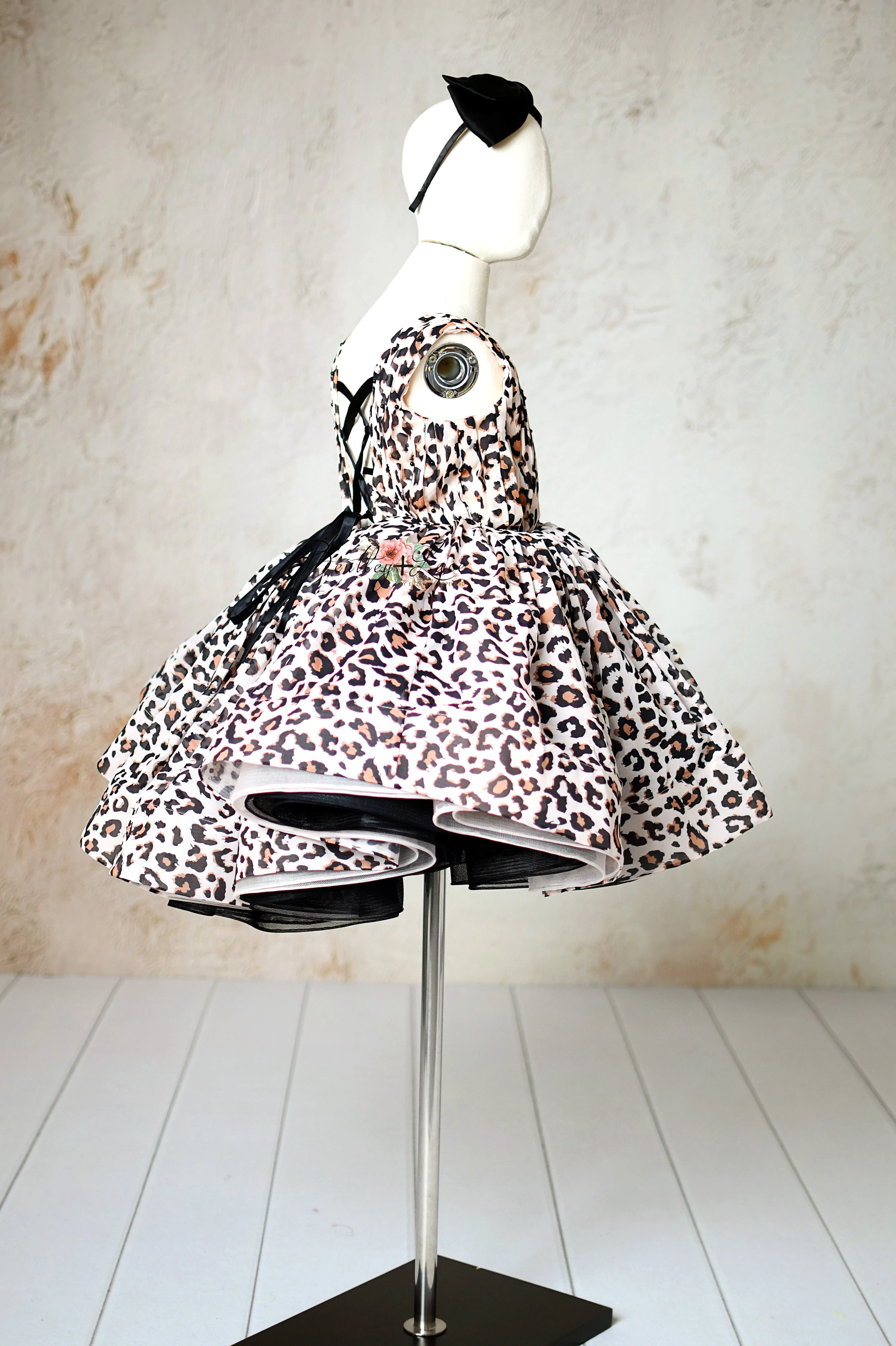 "Wild Whimsy"- Leopard Print Petal-Length Dress with Removable Puff Sleeves (6-8 Years)