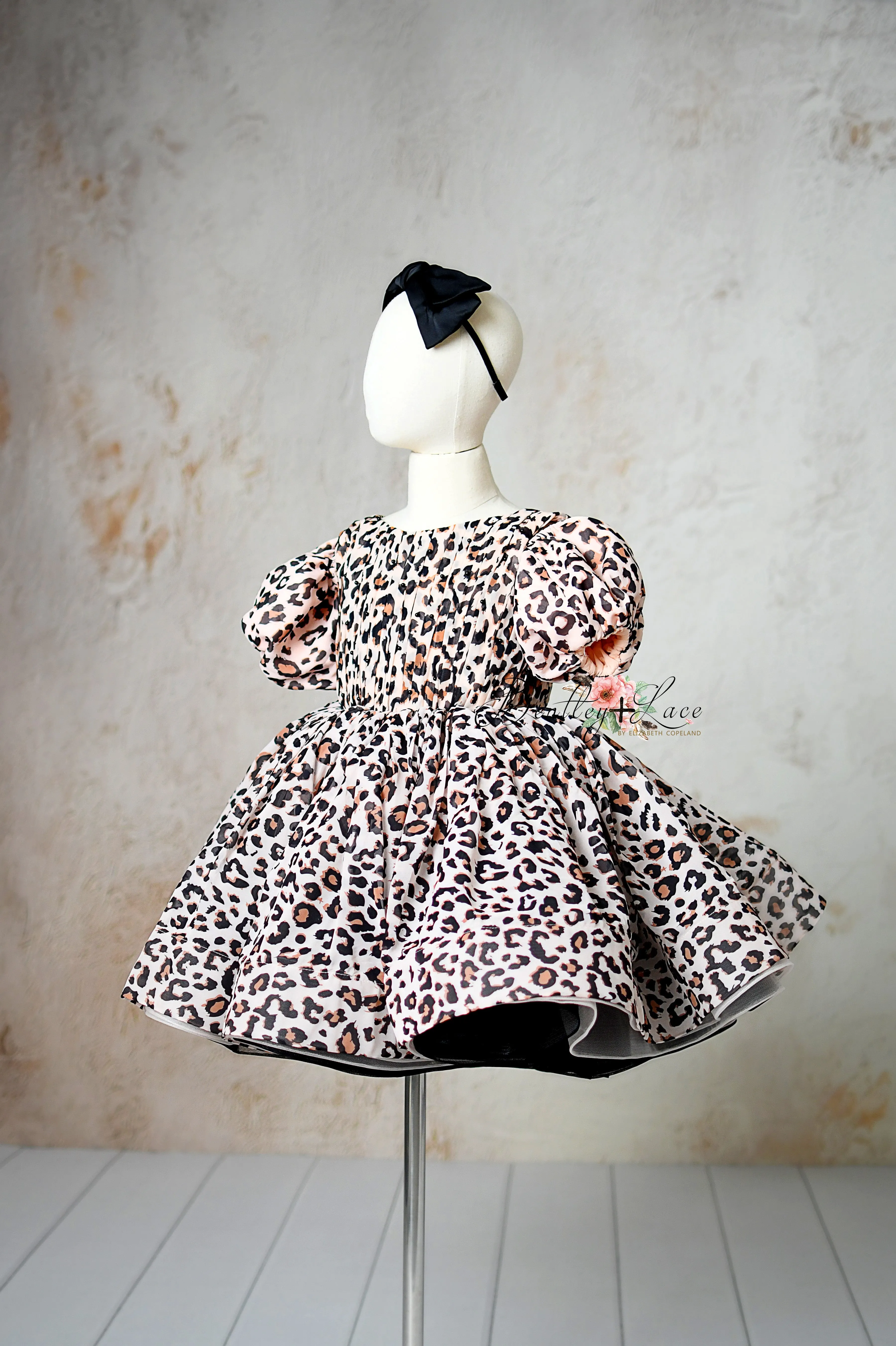 "Wild Whimsy"- Leopard Print Petal-Length Dress with Removable Puff Sleeves (6-8 Years)