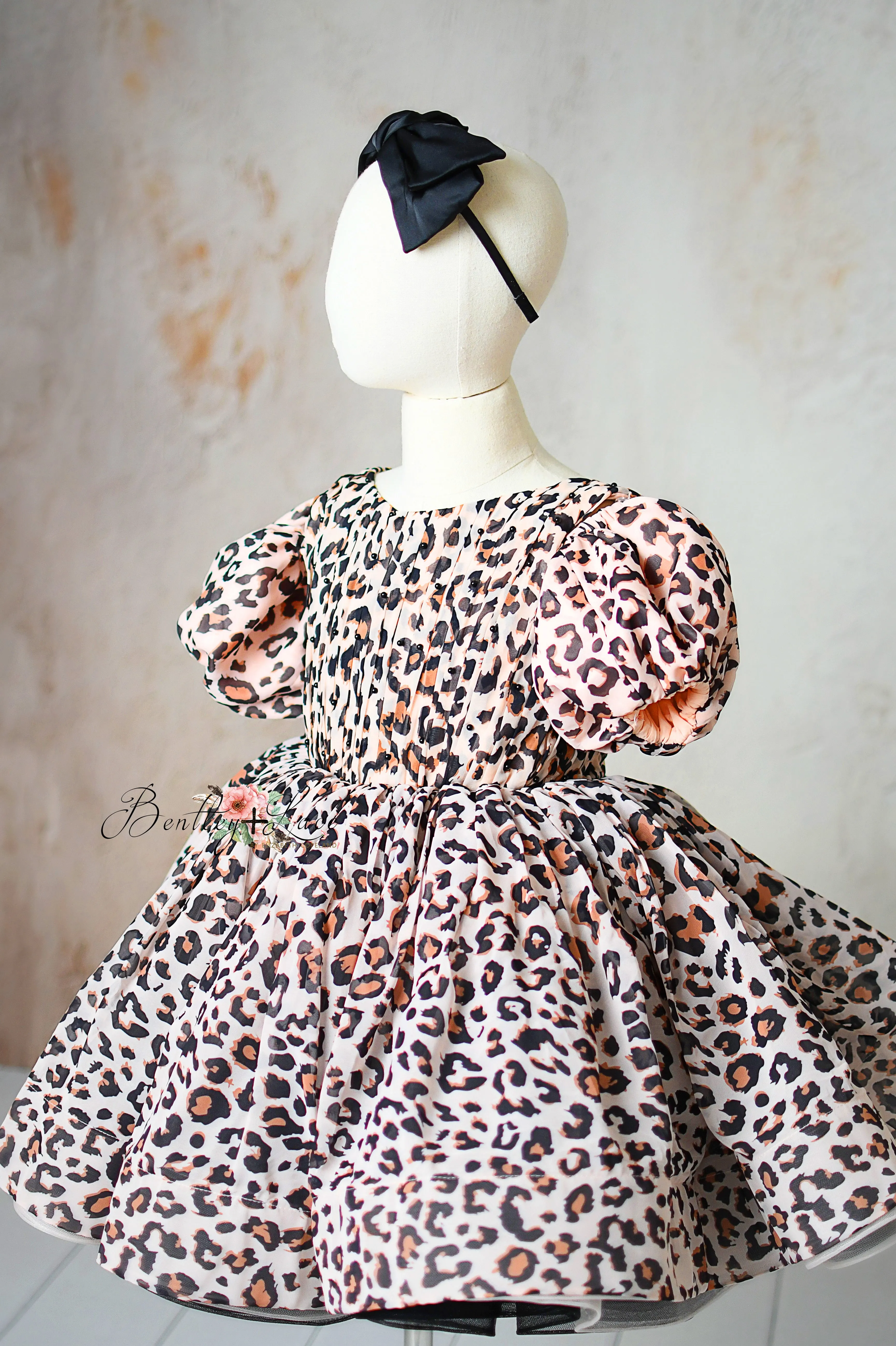 "Wild Whimsy"- Leopard Print Petal-Length Dress with Removable Puff Sleeves (6-8 Years)