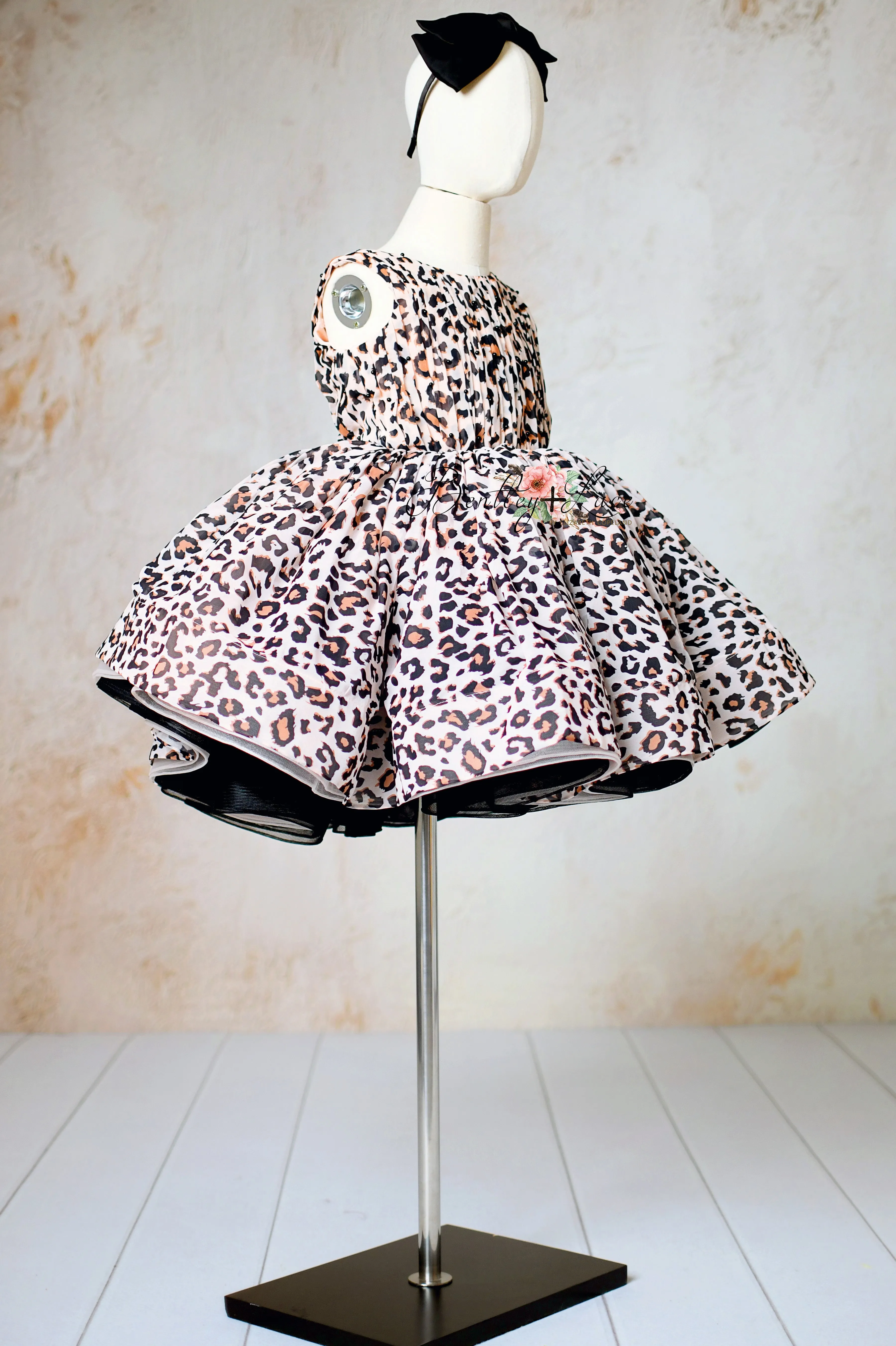 "Wild Whimsy"- Leopard Print Petal-Length Dress with Removable Puff Sleeves (6-8 Years)