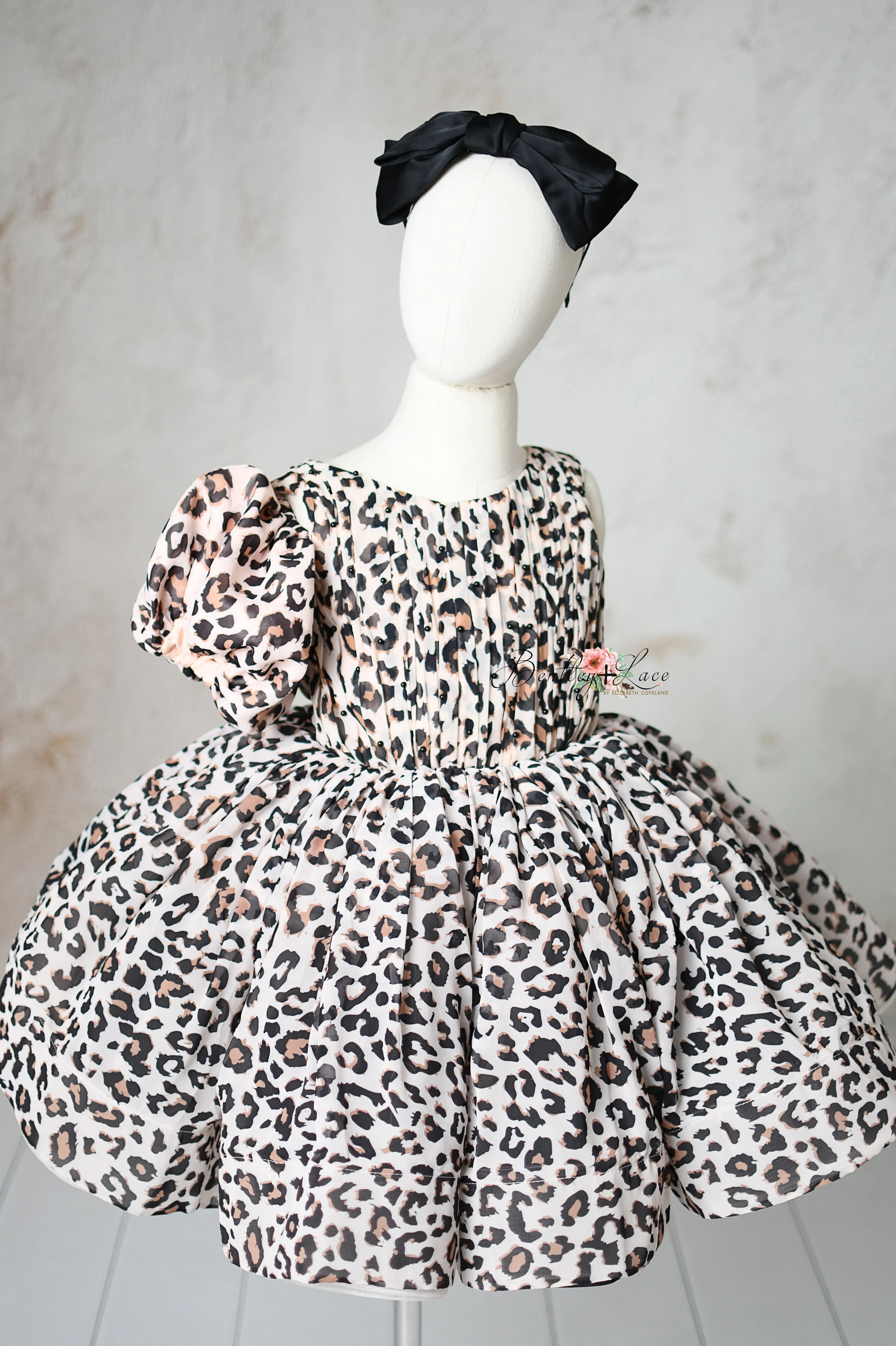 "Wild Whimsy"- Leopard Print Petal-Length Dress with Removable Puff Sleeves (6-8 Years)