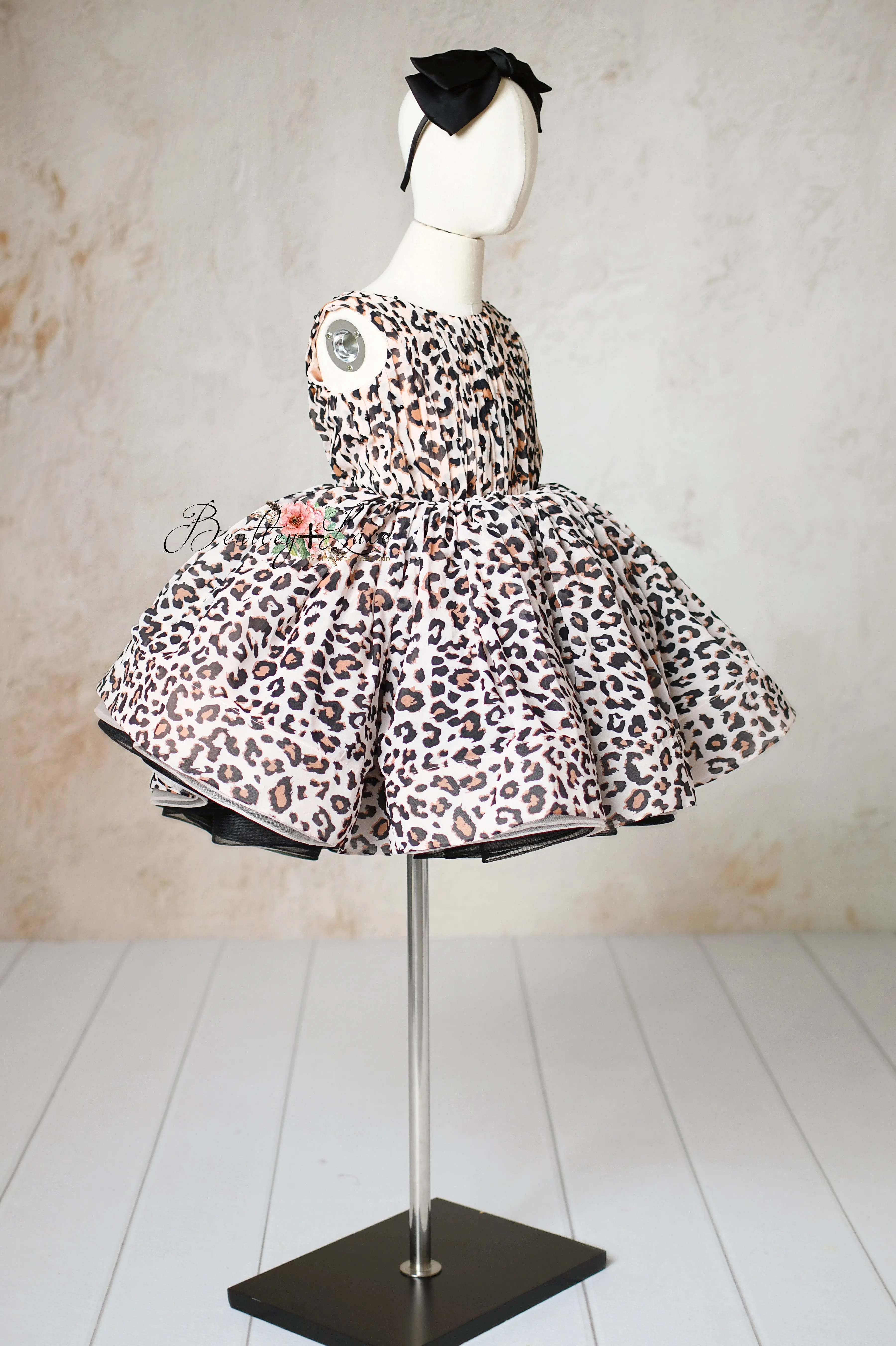 "Wild Whimsy"- Leopard Print Petal-Length Dress with Removable Puff Sleeves (6-8 Years)