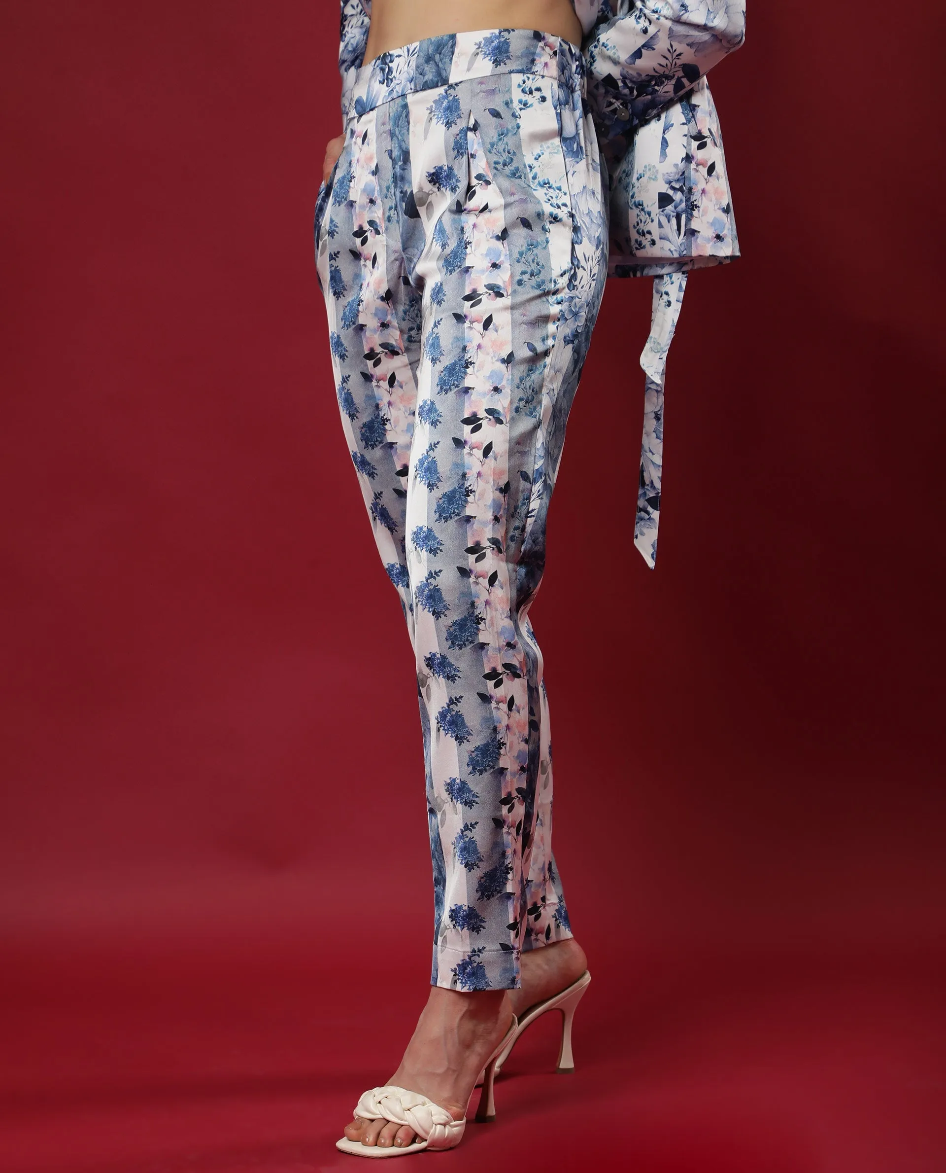 Rareism Women Rabella Blue Polyester Fabric Tailored Fit Floral Print Ankle Length Trousers