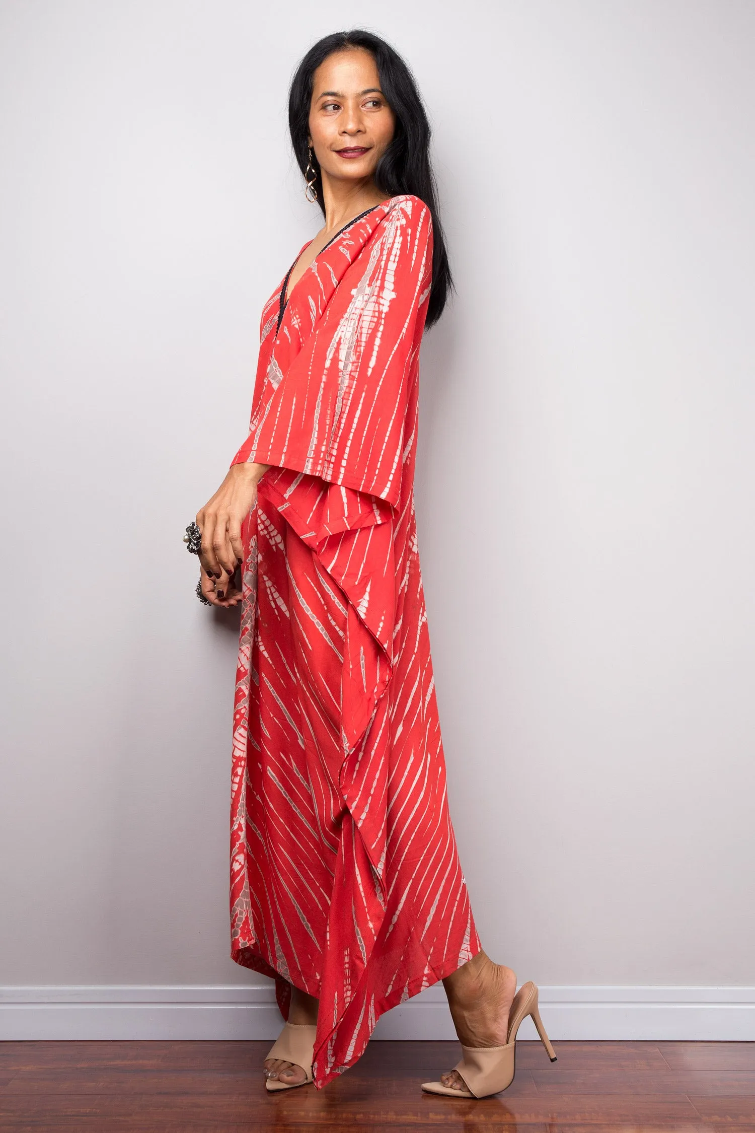 Red Cotton kaftan, Tie dye dress, resort beachwear caftan, Summer kaftan