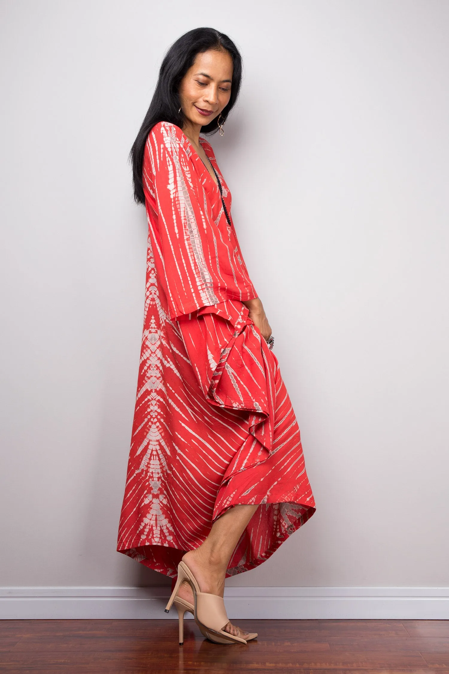 Red Cotton kaftan, Tie dye dress, resort beachwear caftan, Summer kaftan