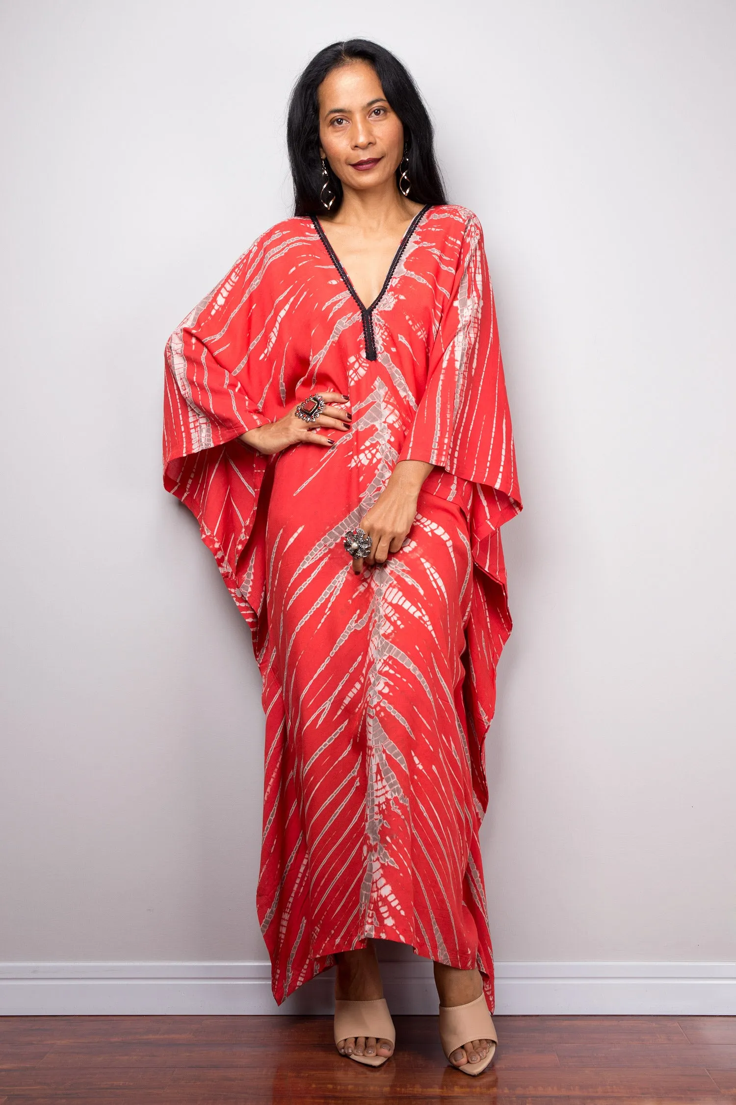 Red Cotton kaftan, Tie dye dress, resort beachwear caftan, Summer kaftan