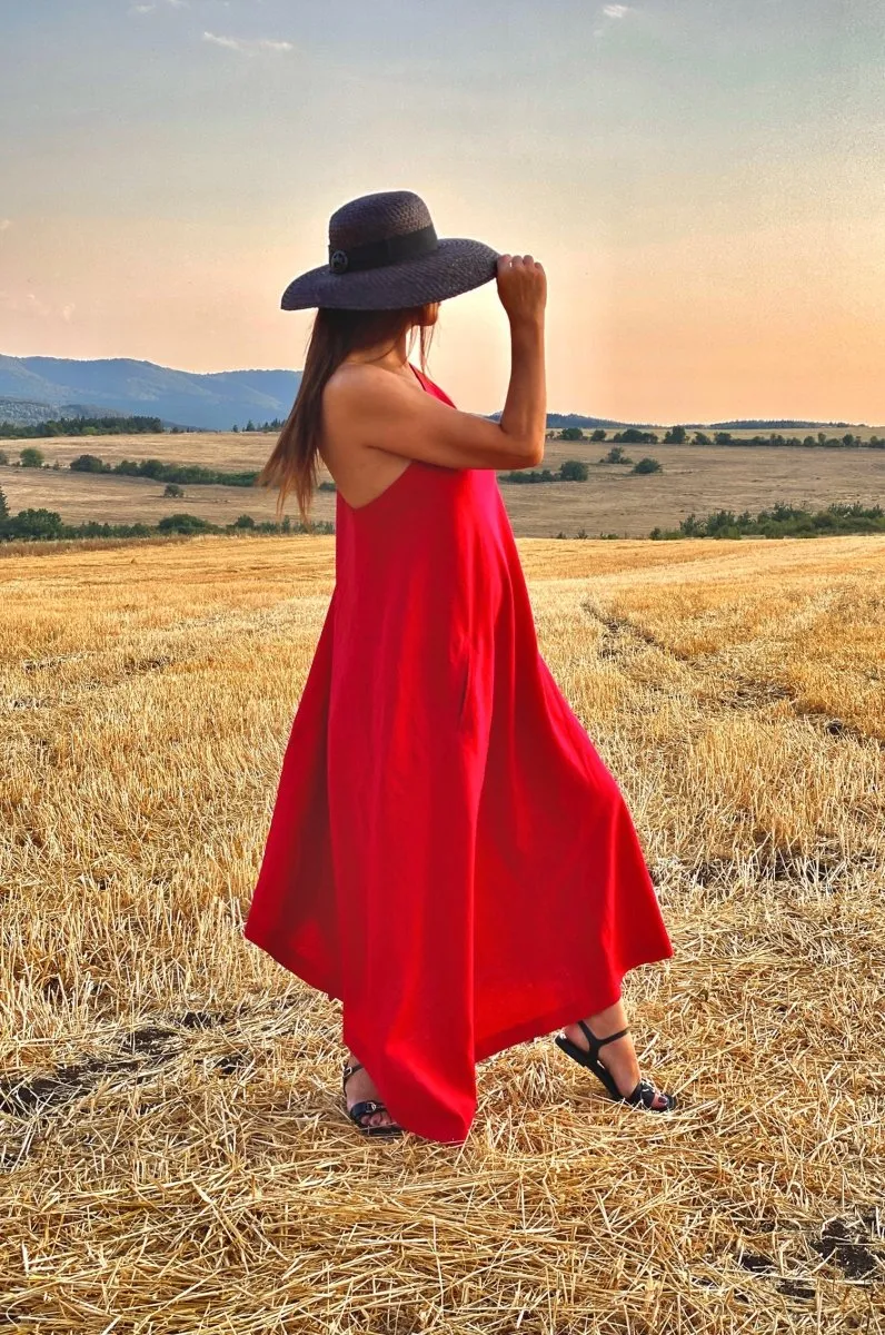 Red Linen One Shoulder Dress TIFFANY