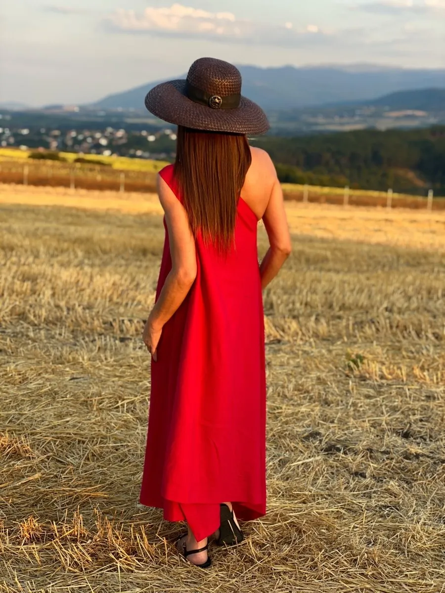 Red Linen One Shoulder Dress TIFFANY