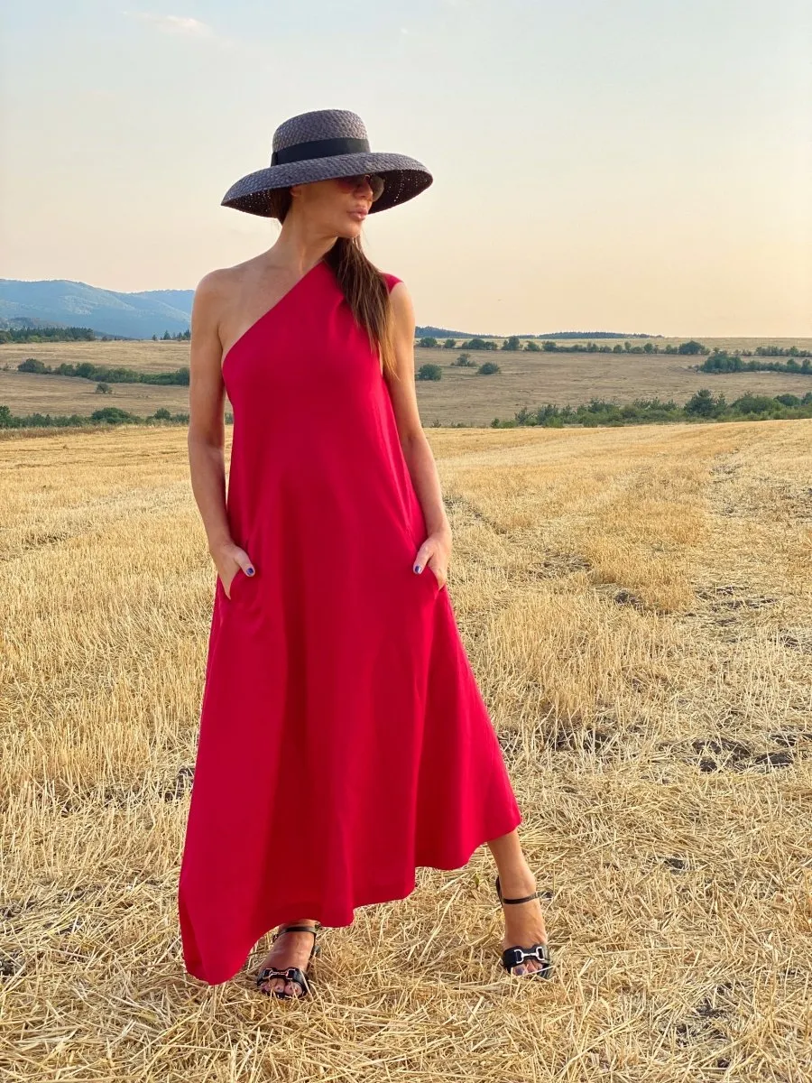 Red Linen One Shoulder Dress TIFFANY