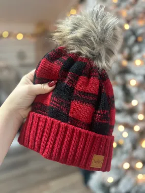 Red/Black Buffalo Plaid Knit Pom Hat