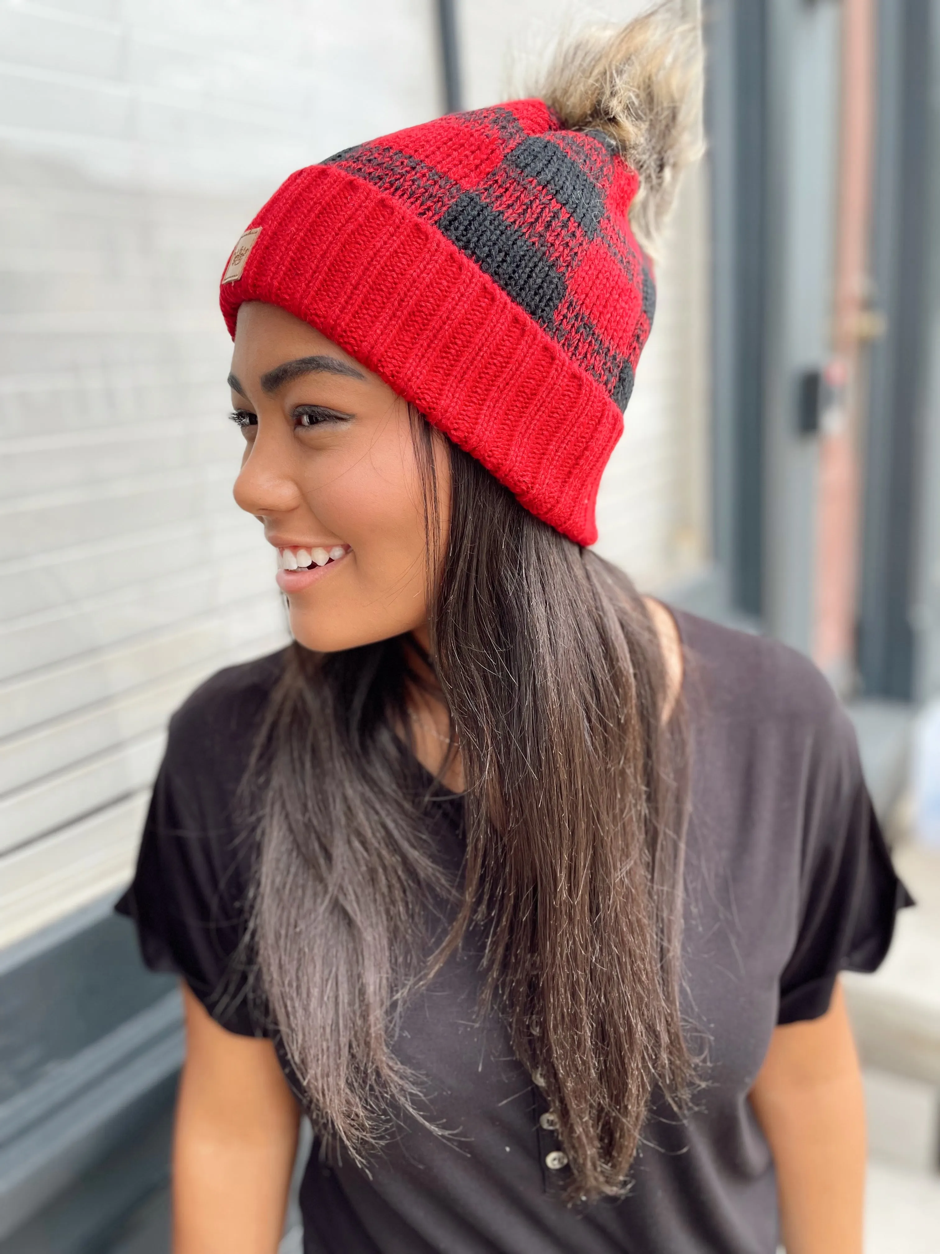 Red/Black Buffalo Plaid Knit Pom Hat