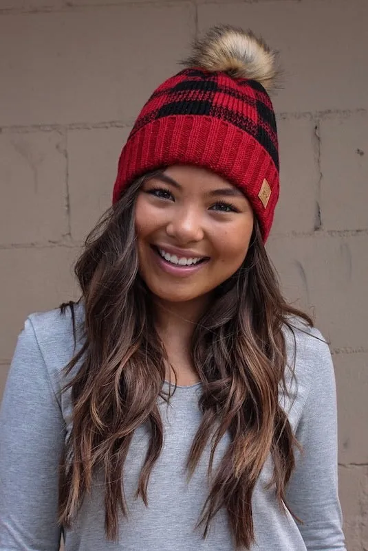 Red/Black Buffalo Plaid Knit Pom Hat