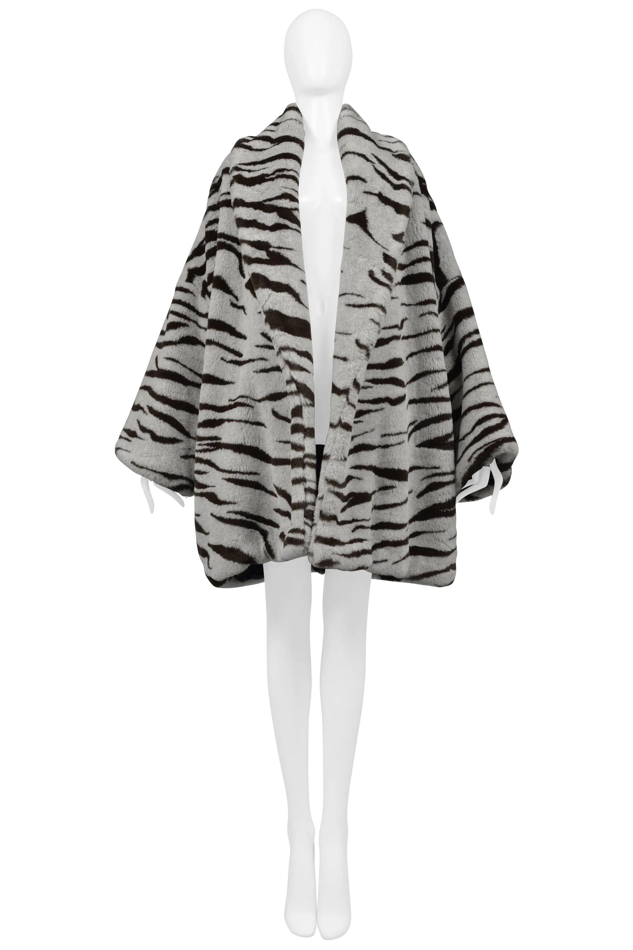 RIFAT OZBEK SILVER AND BLACK TIGER FAUX FUR COAT 1990S