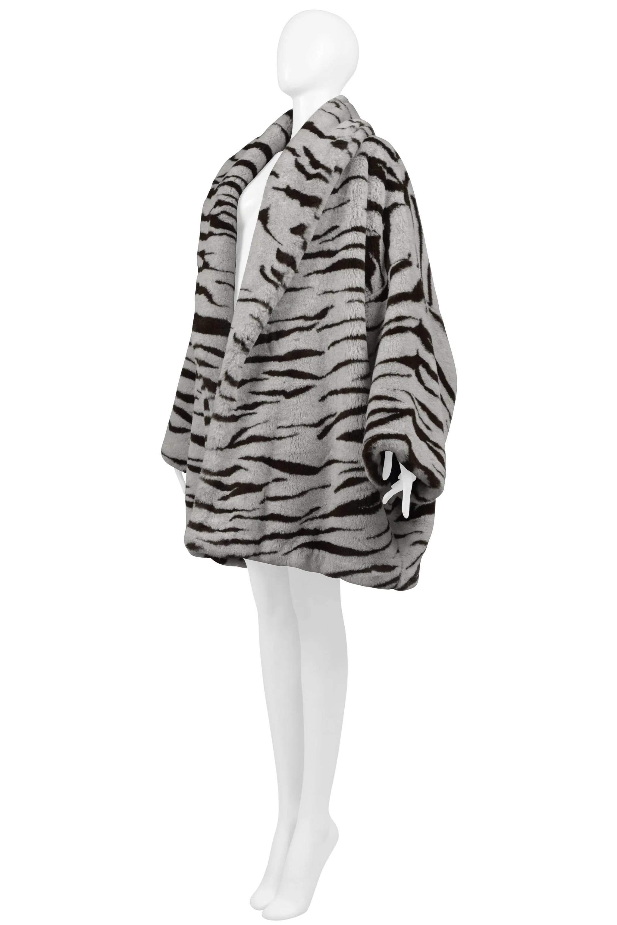 RIFAT OZBEK SILVER AND BLACK TIGER FAUX FUR COAT 1990S