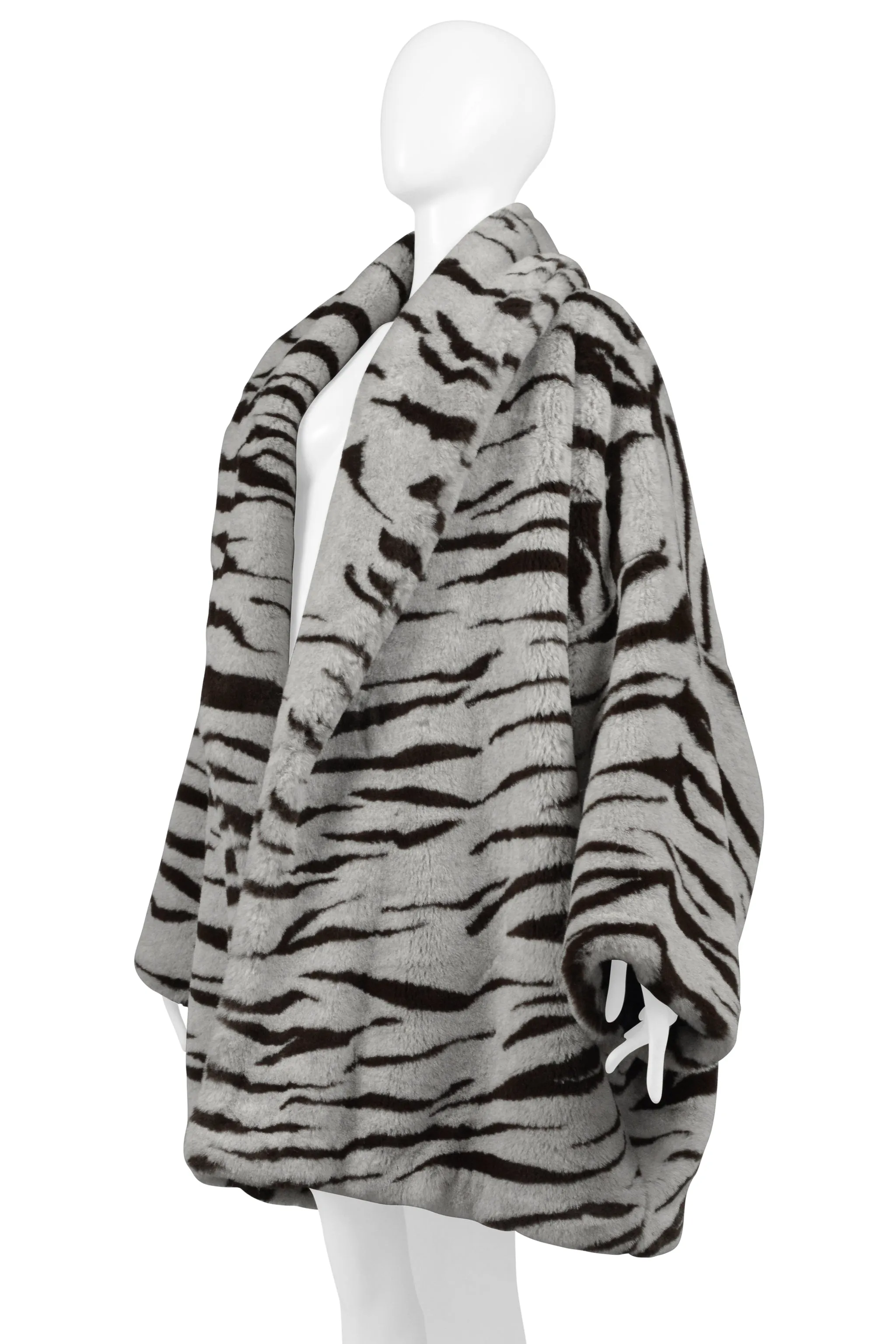 RIFAT OZBEK SILVER AND BLACK TIGER FAUX FUR COAT 1990S