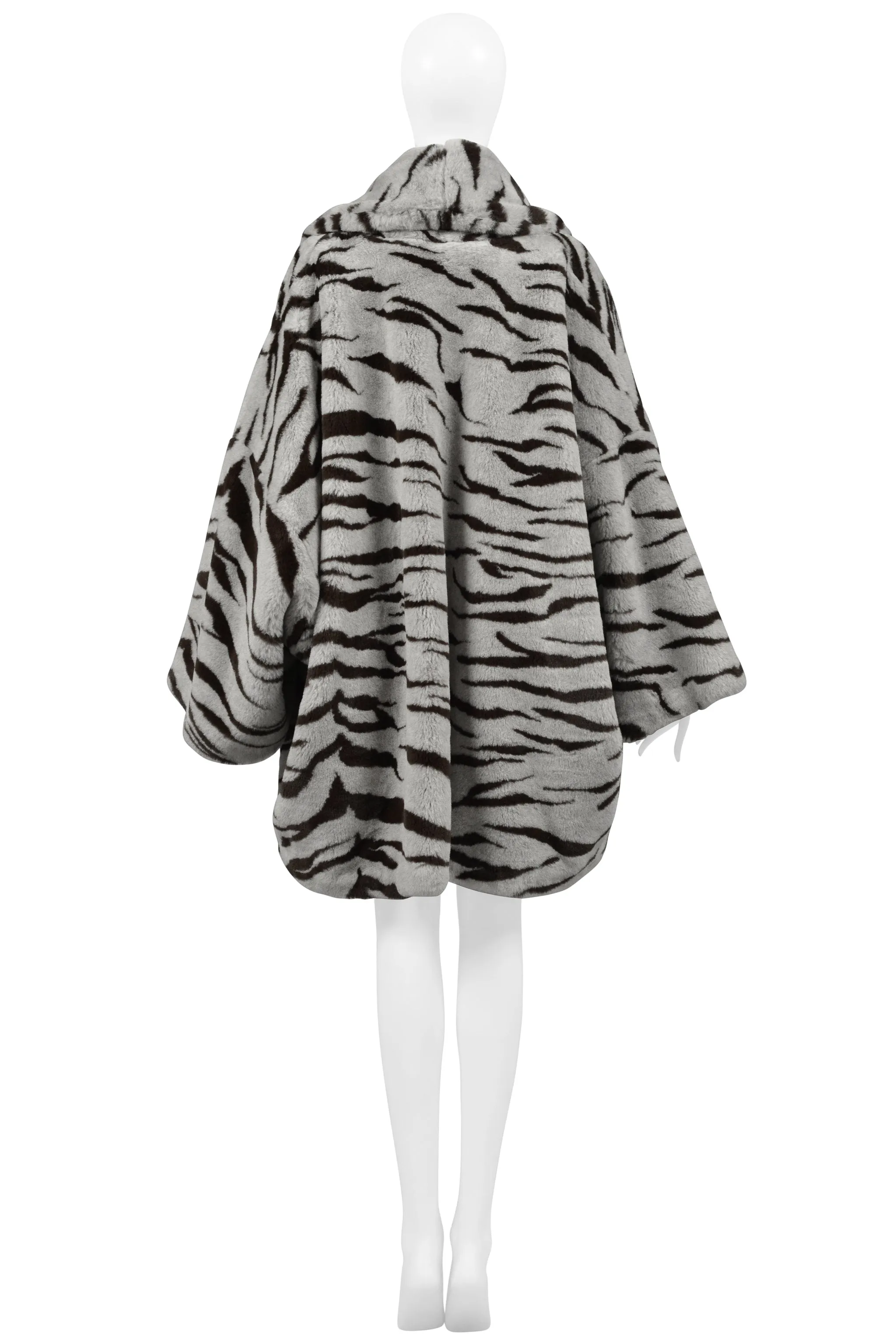 RIFAT OZBEK SILVER AND BLACK TIGER FAUX FUR COAT 1990S