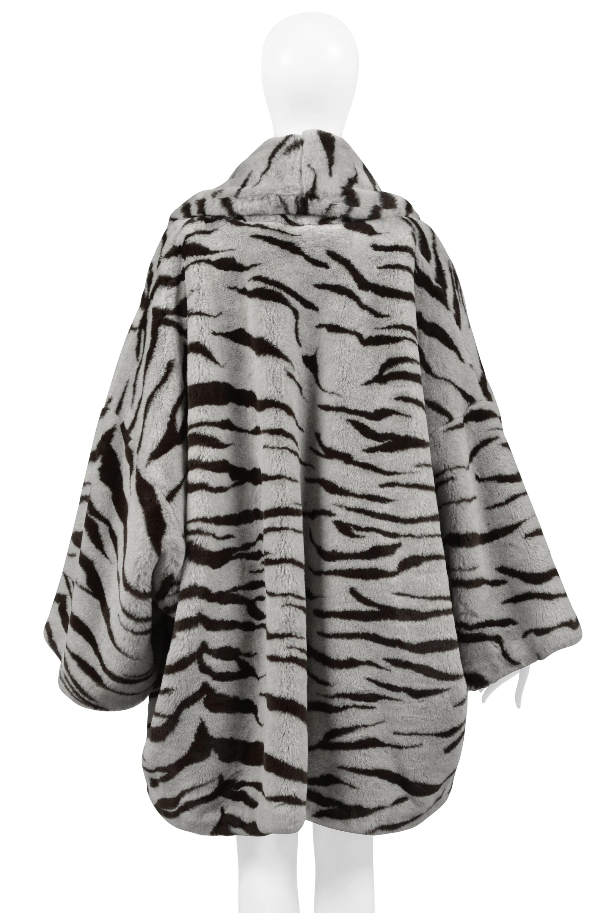 RIFAT OZBEK SILVER AND BLACK TIGER FAUX FUR COAT 1990S