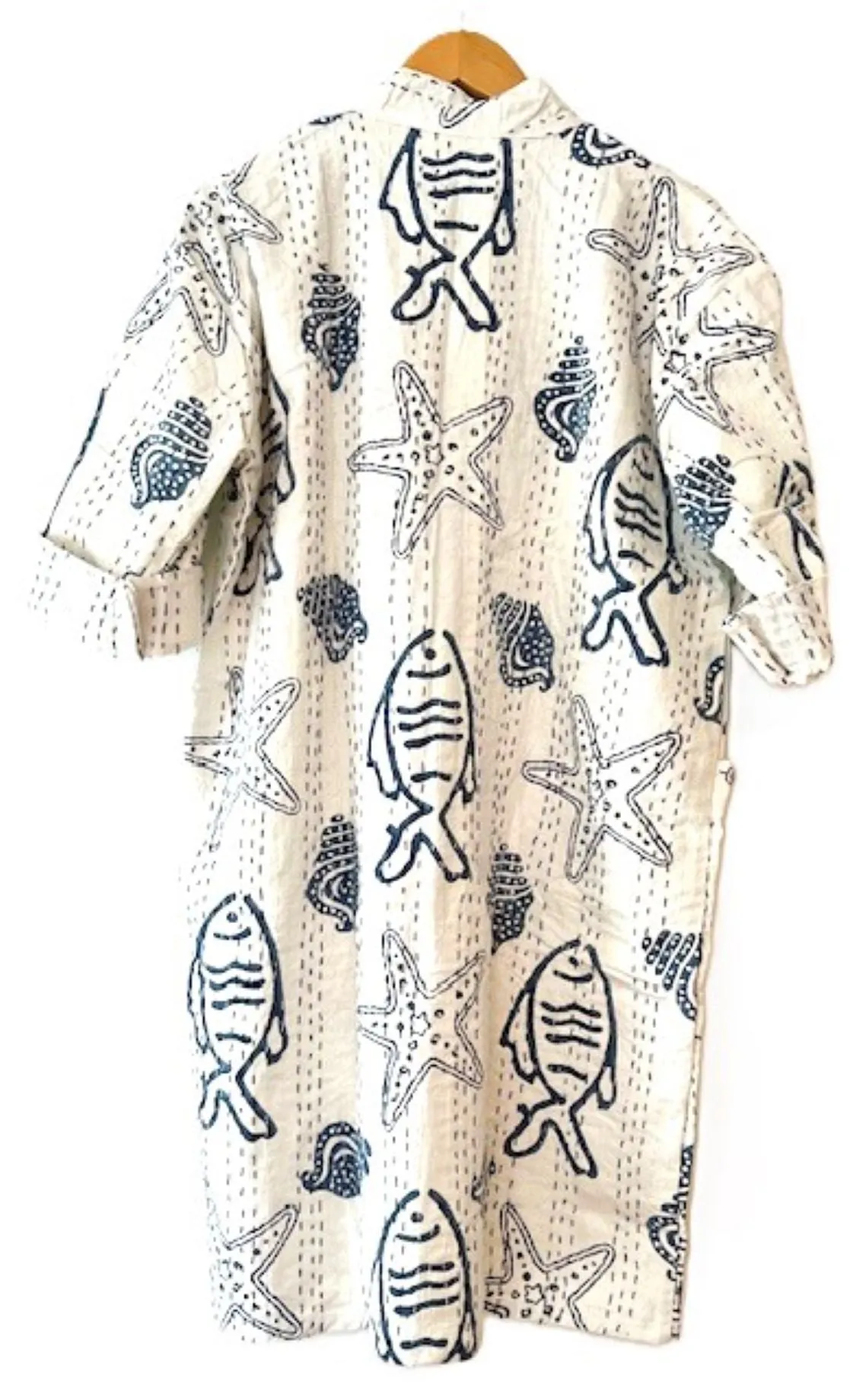 Seaside Block Print Cotton Kimono With Kantha Quilting.  (White and Navy)