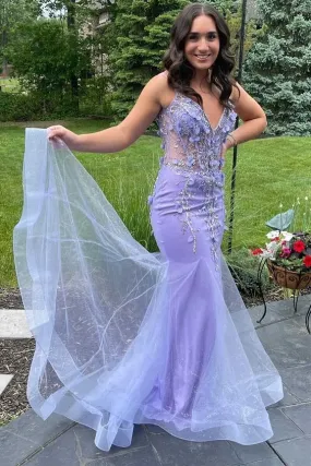 sexy lavender mermaid v-neck sleeveless floor-length appliques prom dresses    fg1529