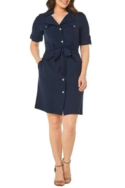 Sharagano Collared Chuffed Sleeve Button Down Belt Hoop Tie Waist Rayon Dress