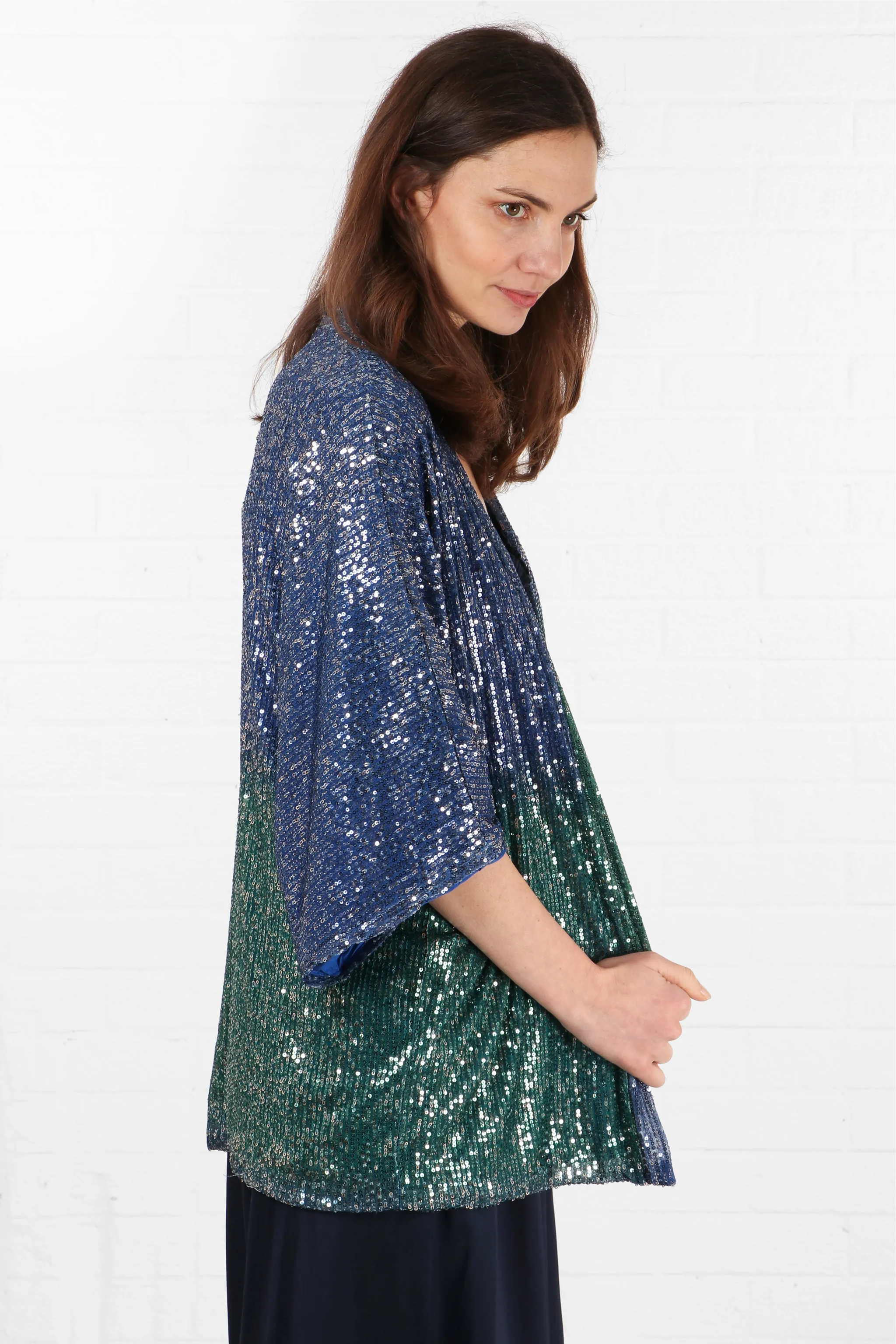 Short Sequin Kimono in Blue Green Ombre