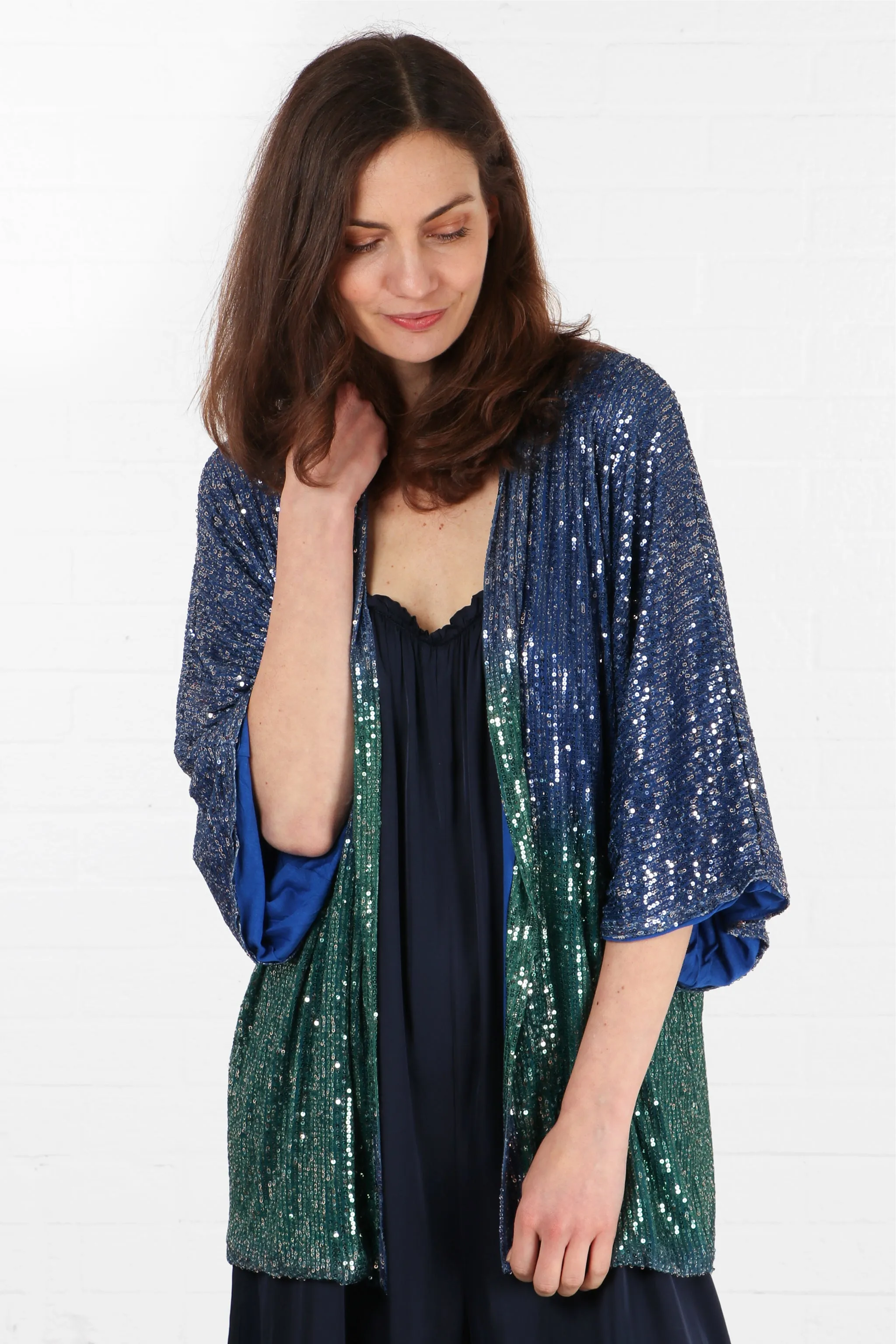 Short Sequin Kimono in Blue Green Ombre