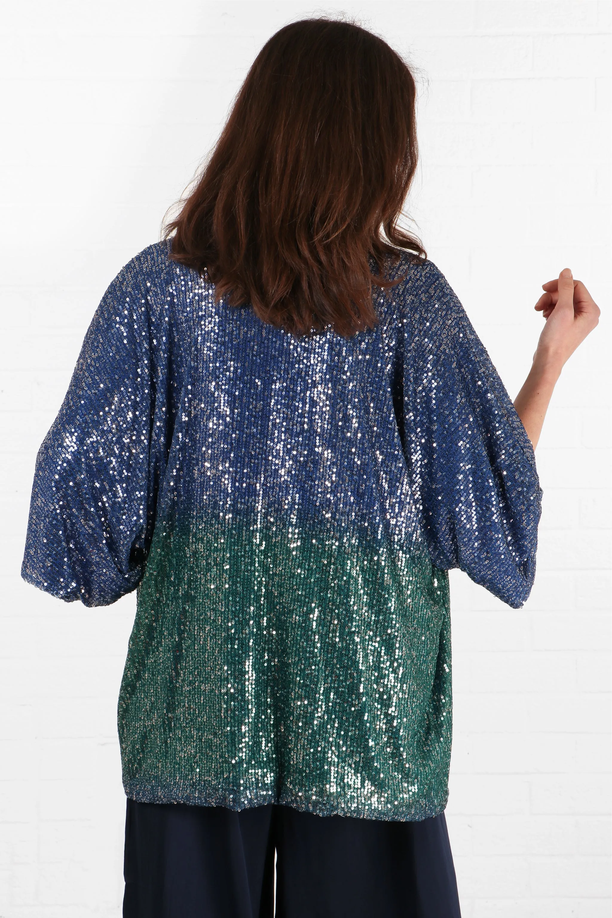 Short Sequin Kimono in Blue Green Ombre