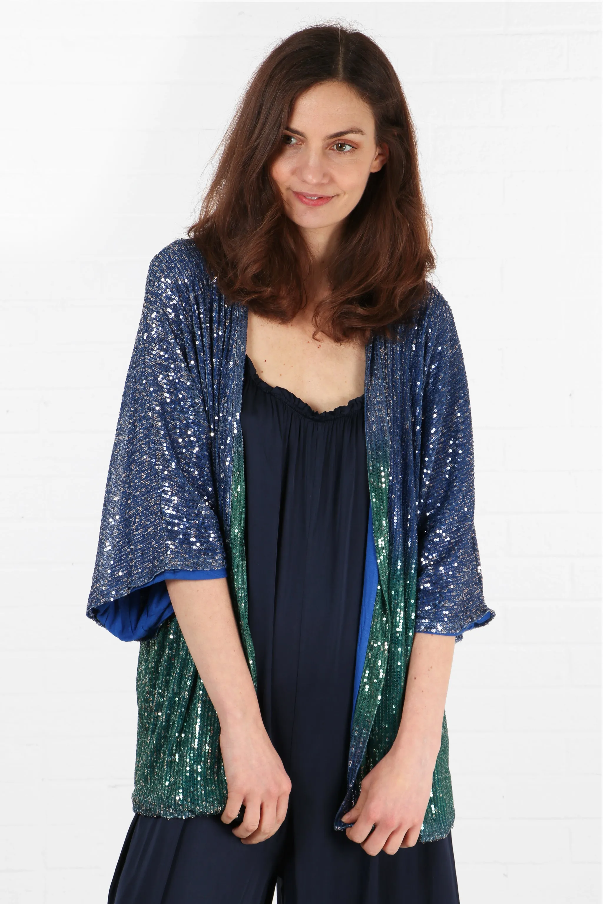 Short Sequin Kimono in Blue Green Ombre