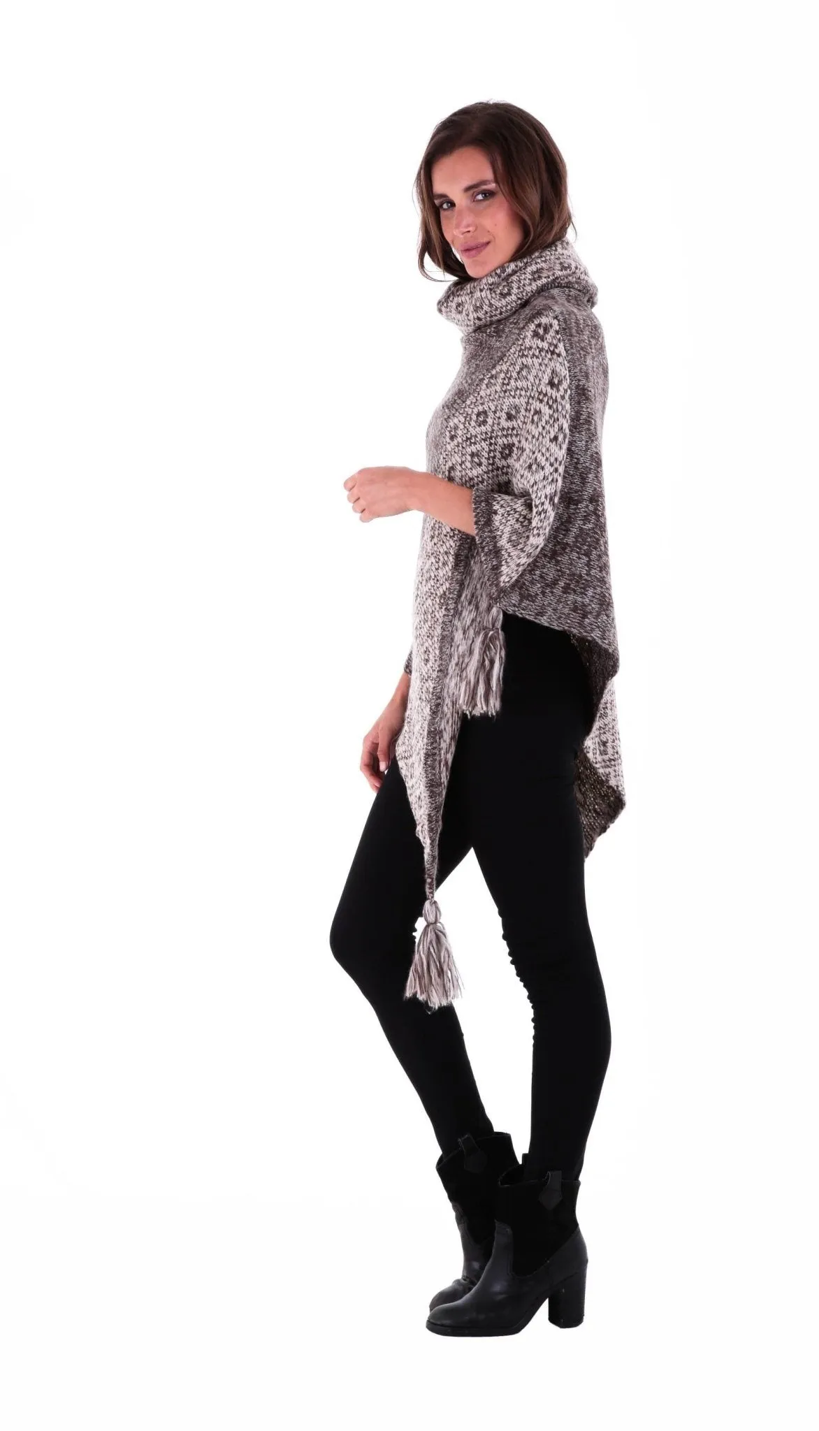 SHU-SHI Women's Boho Turtleneck Poncho - Knit Shawl Sweater Cape with Tassels