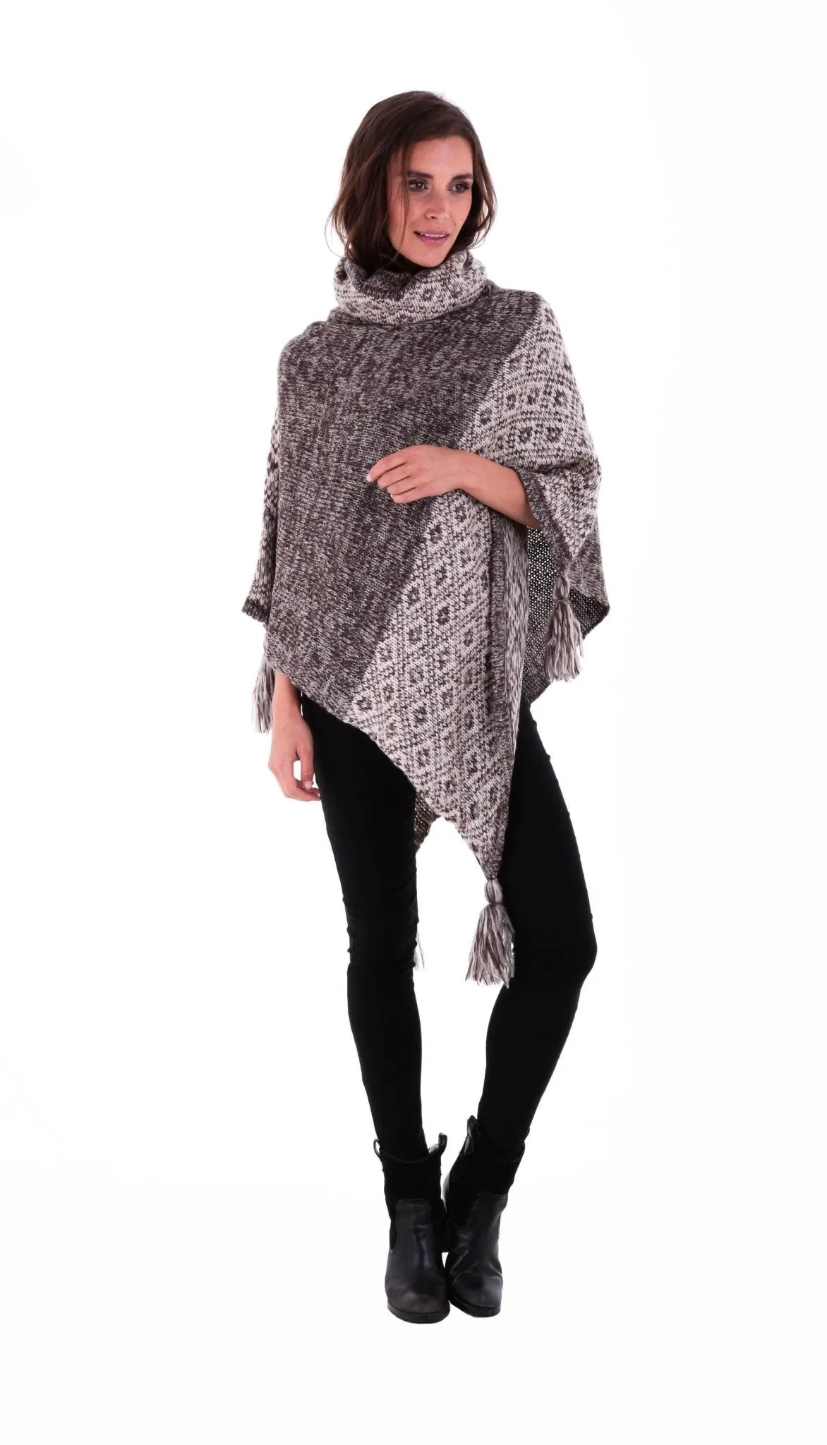 SHU-SHI Women's Boho Turtleneck Poncho - Knit Shawl Sweater Cape with Tassels