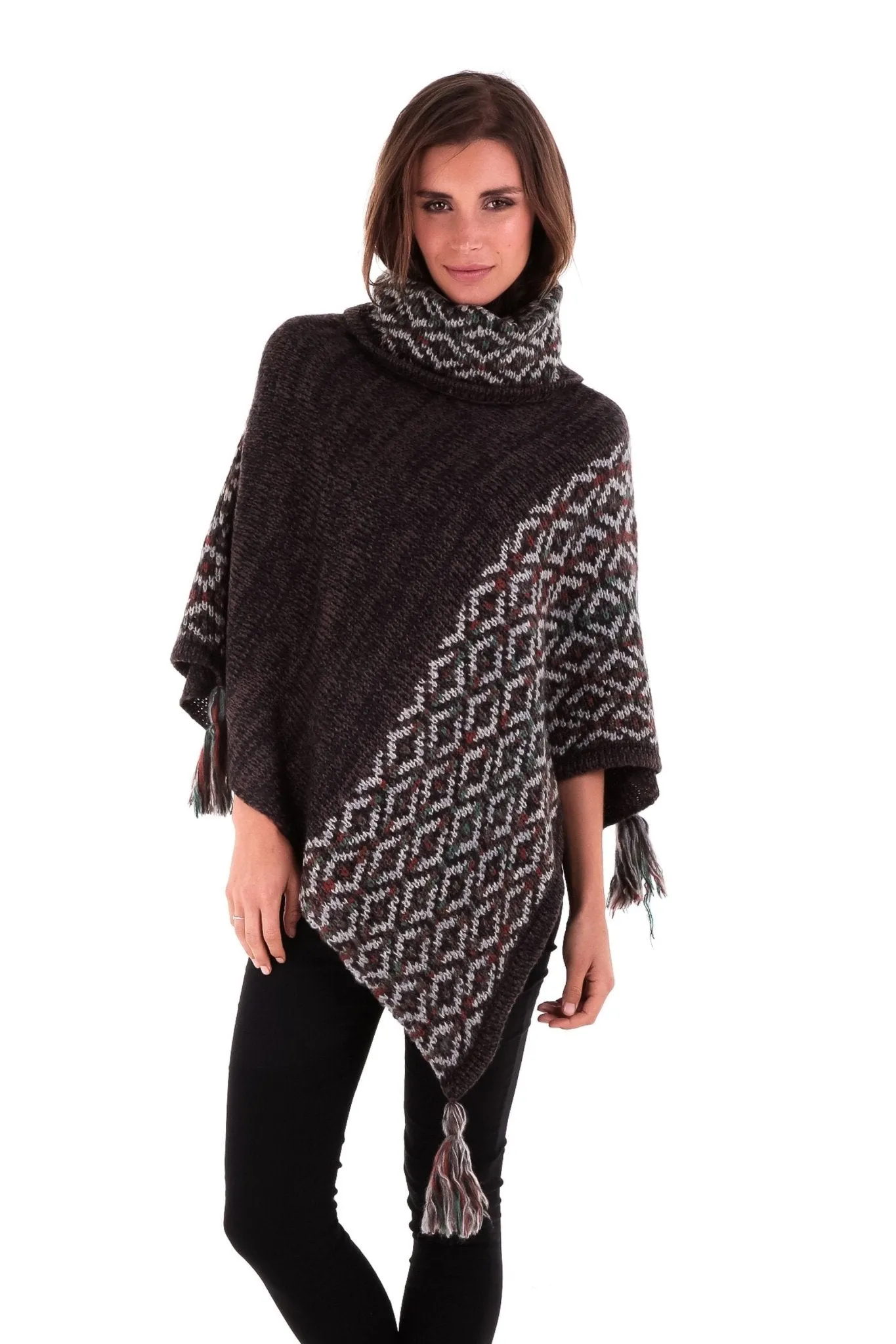 SHU-SHI Women's Boho Turtleneck Poncho - Knit Shawl Sweater Cape with Tassels