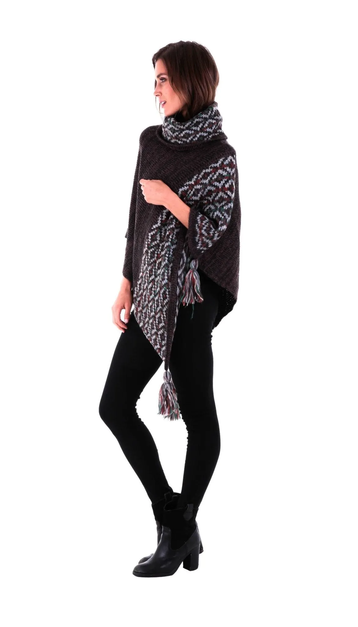 SHU-SHI Women's Boho Turtleneck Poncho - Knit Shawl Sweater Cape with Tassels