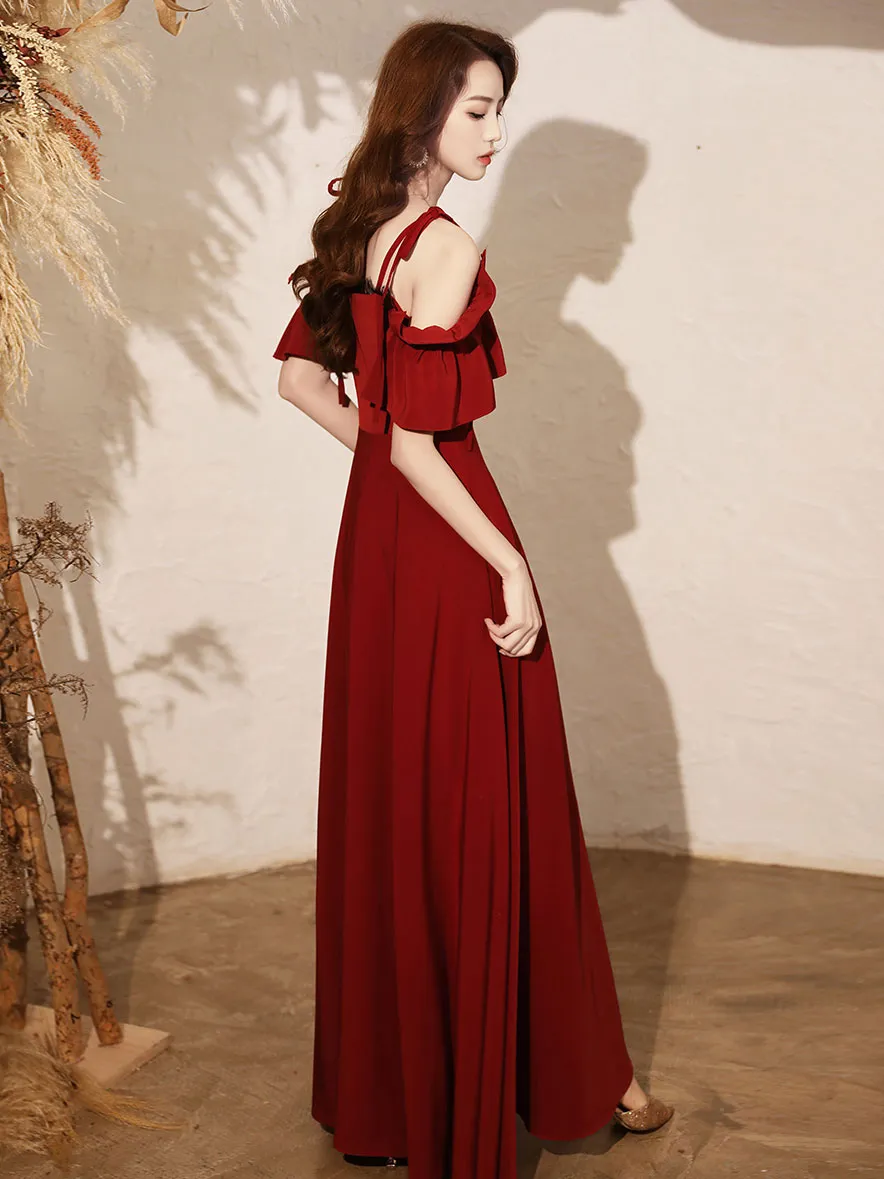 Simple Burgundy Satin Long Prom Dress, Burgundy Formal Dresses