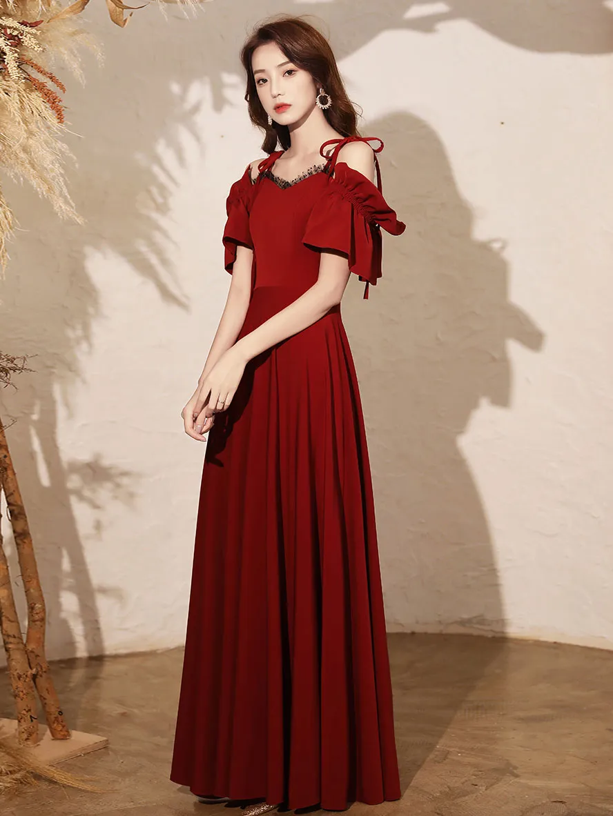 Simple Burgundy Satin Long Prom Dress, Burgundy Formal Dresses